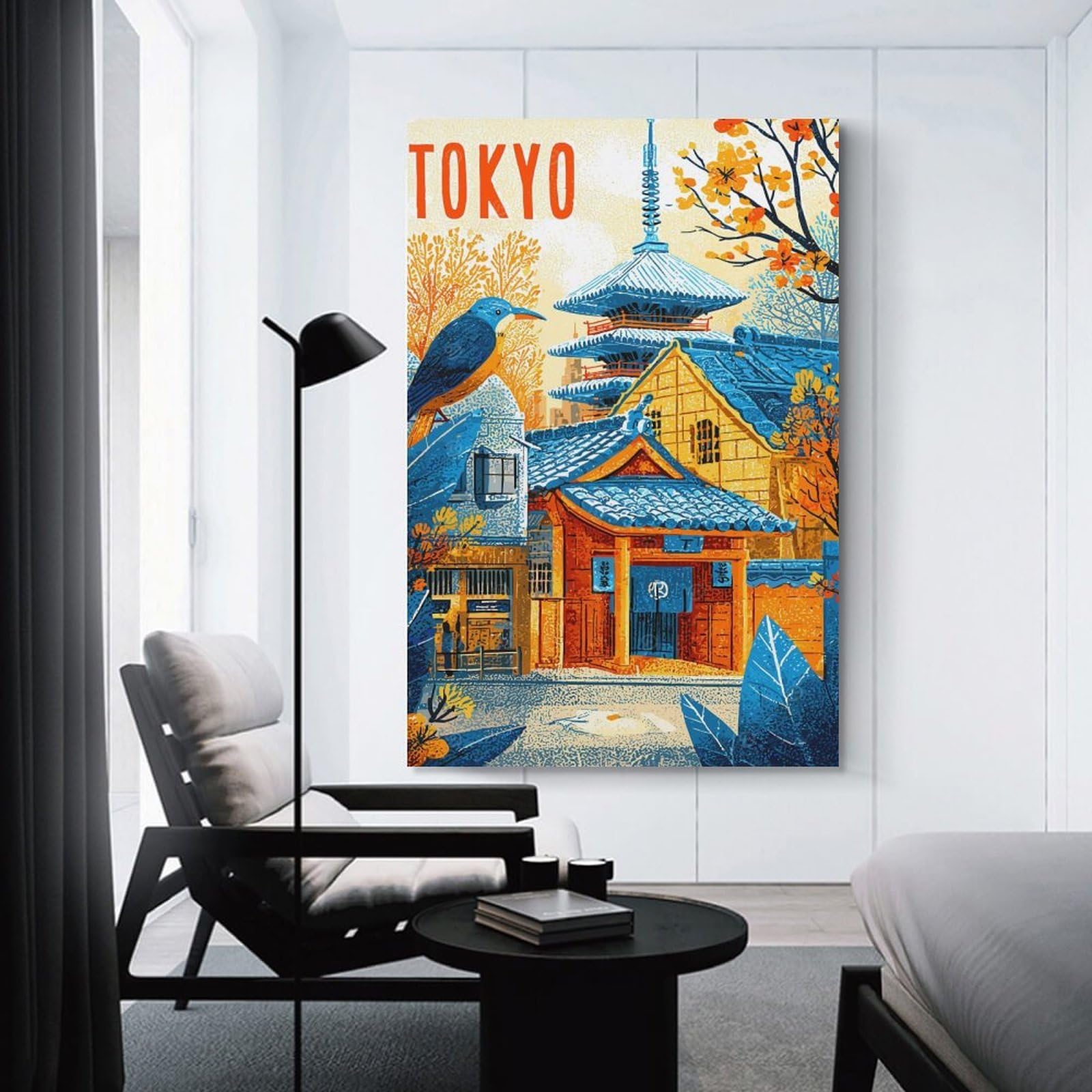 Junmoney Unframe-Style-12 Decorative Wall Artwork Tokyo Cityscape With Pagoda And Bird, 24X36inch(60X90cm), For Contemporary Homes, Apartments Or Offices, An Easy Choice For New Home Styling