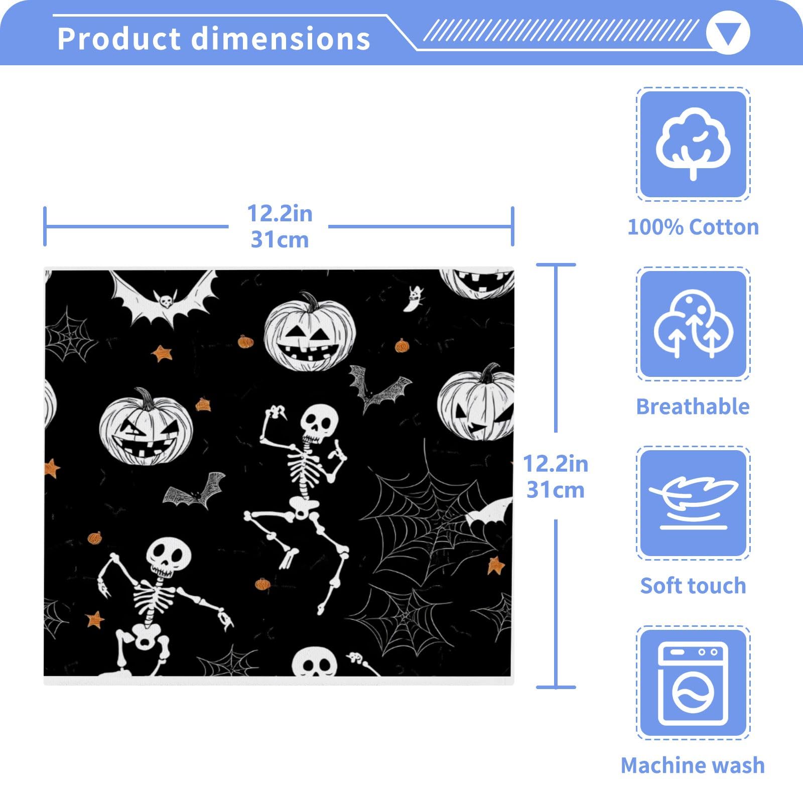 ALAZA Cotton Wash Cloths Set Face Cloths Washcloth Small 4 Pack Halloween Skeleton Absorbent Soft Fingertip Towels 12 x 12 Inches