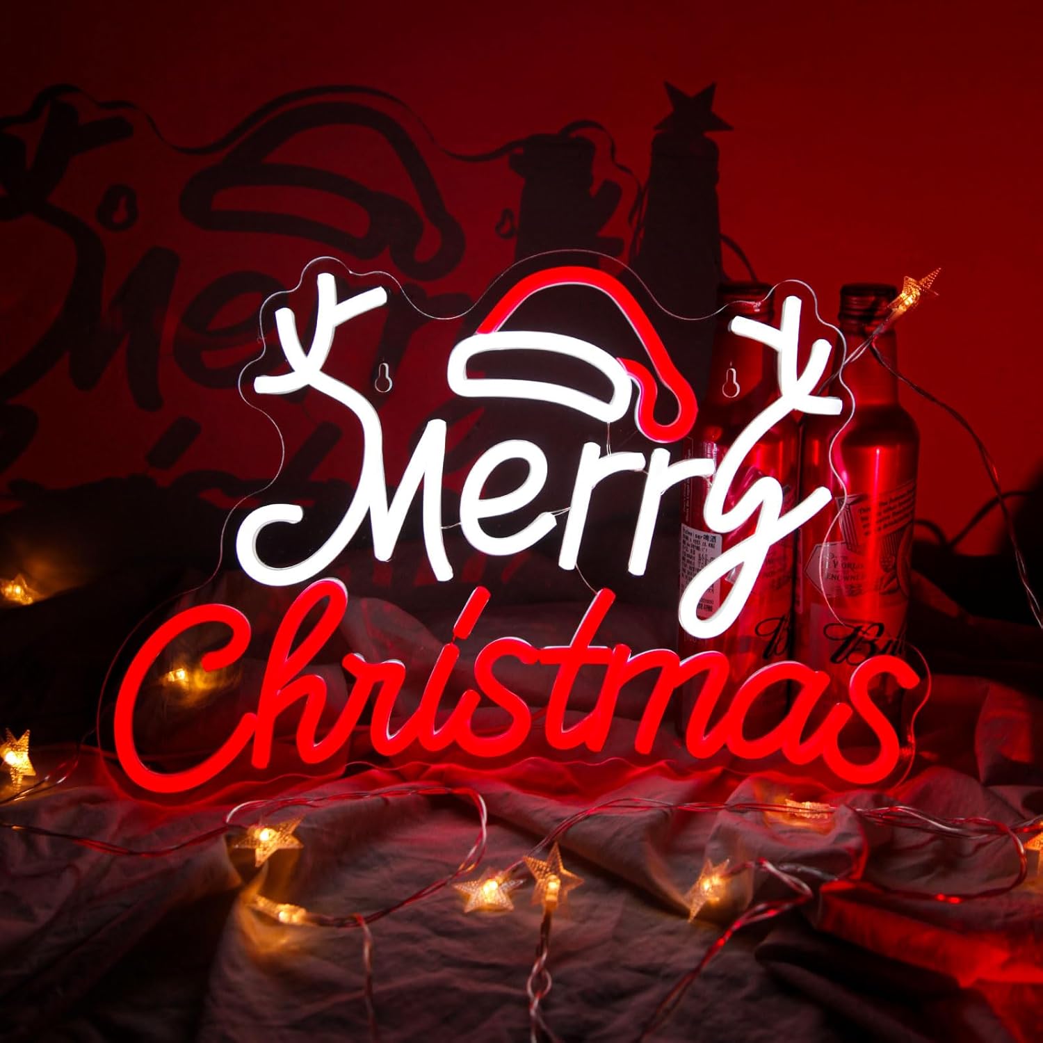 Merry Christmas Neon Sign for Wall Decor, LED Dimmable Merry Christmas Hat Neon Lights Sign for Cafe Decoration Indoor Party Bedroom Bar Pub Club Party Decoration