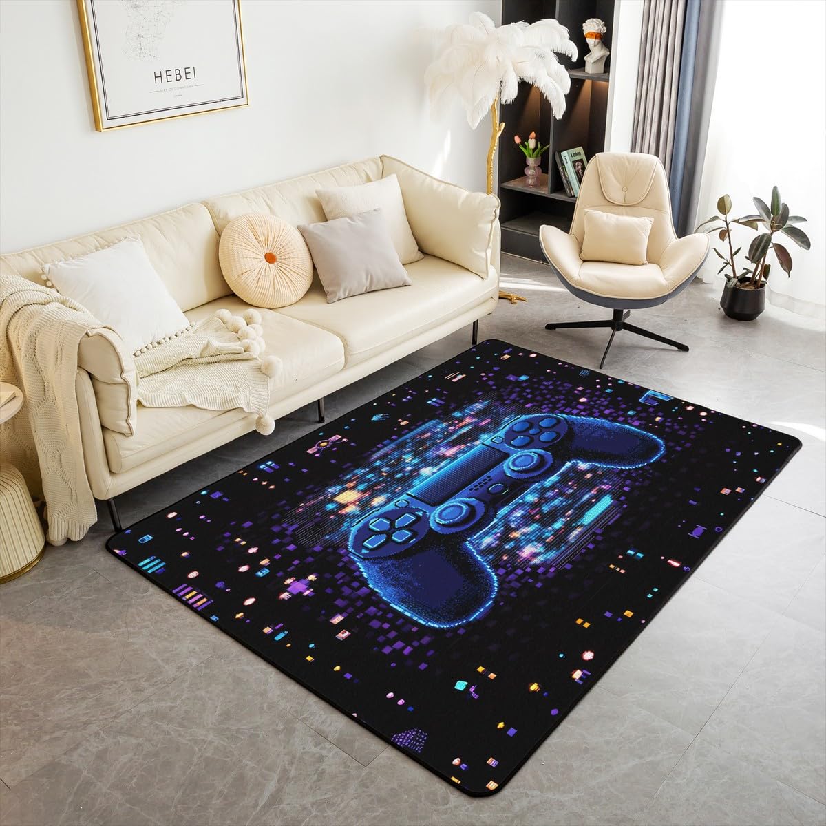 Loussiesd Dywan do salonu dla graczy, 100 x 150 cm, gamingowy dywan akcentujący dla chłopców, dziewcząt, nastolatków, nowoczesny kontroler konsoli do gier, mata podłogowa, joystick, czarno-niebieski,