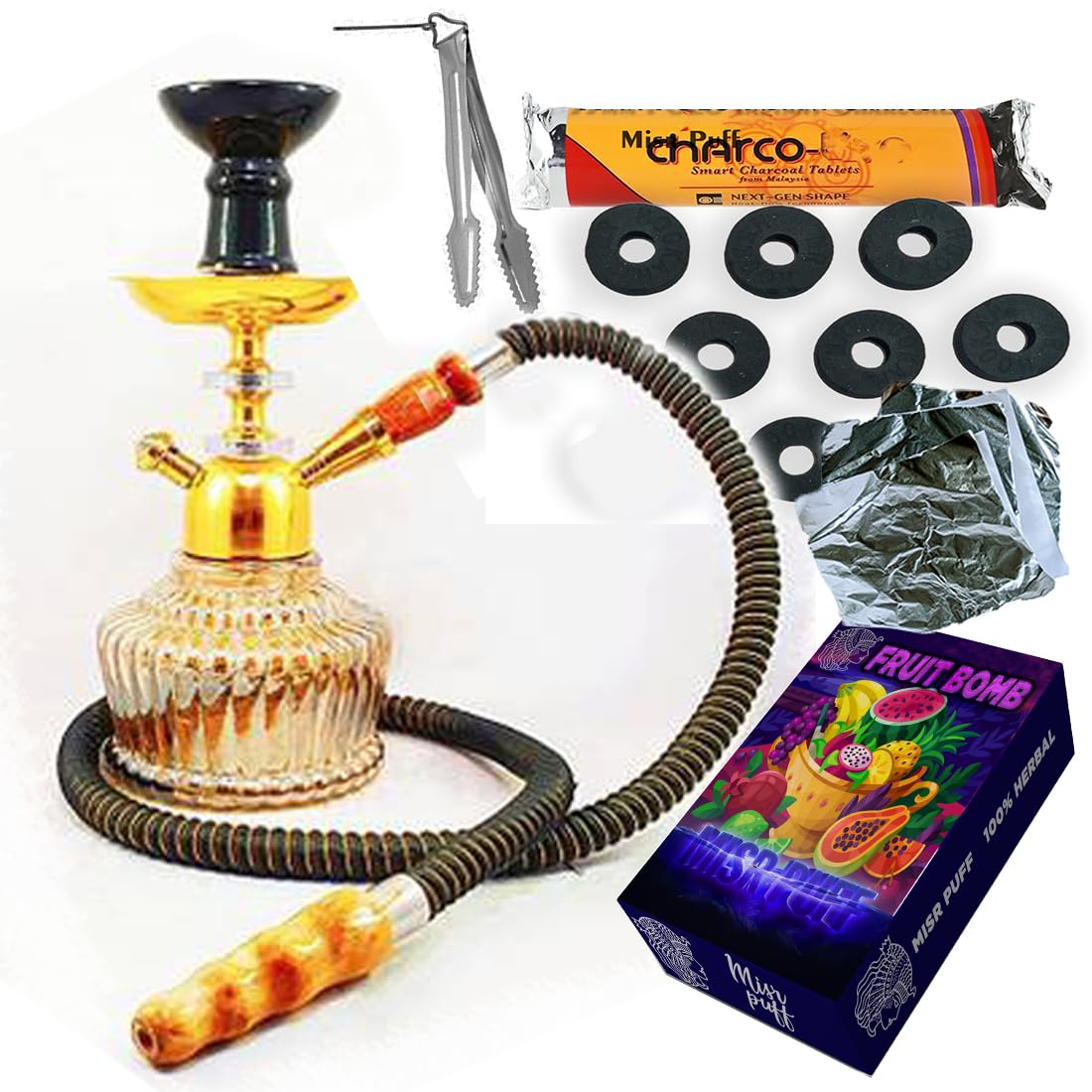 Premium Glass hookah set + accessories only (0% Tobacco & Nicotine), 40 cm Height (Gold Cutie 12 Inch)-image-17