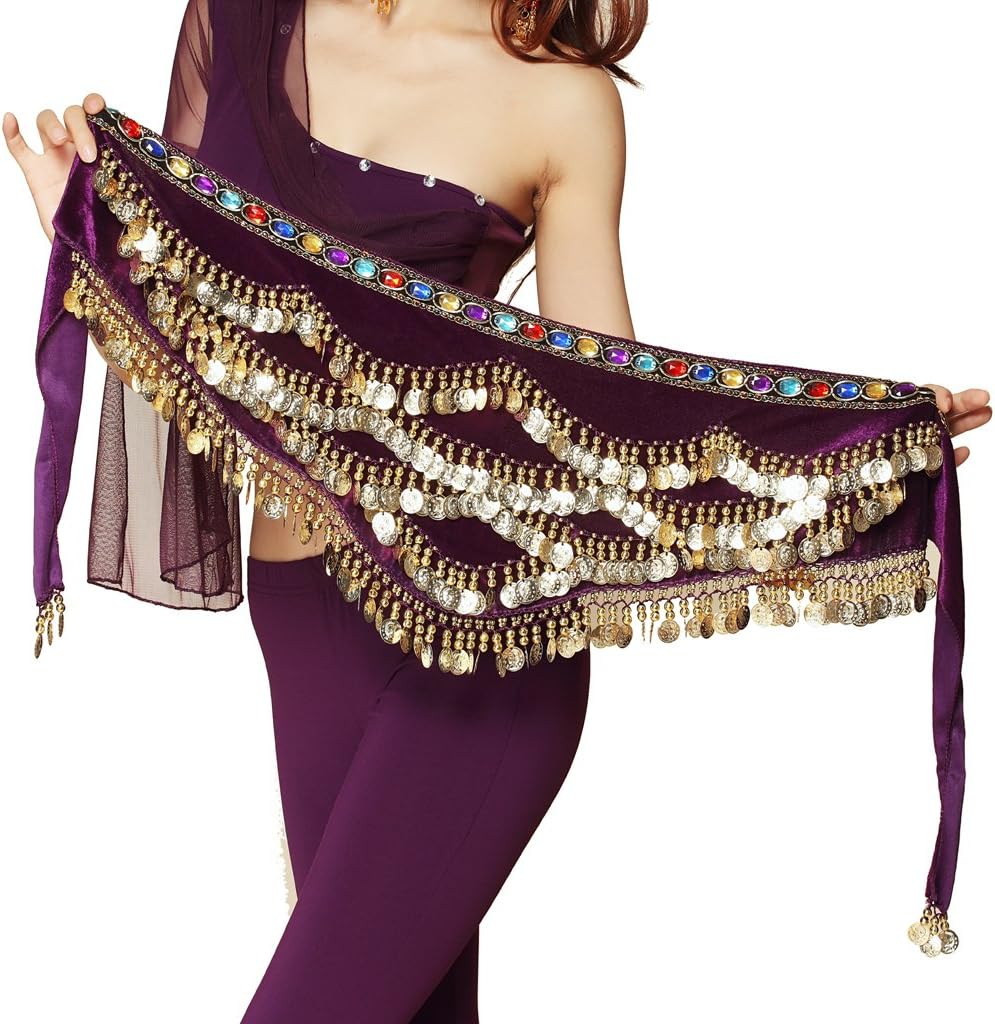Wuchieal Women's Triangular Belly Dancing Hip Scarf Wrap Skirt with Gold Coins