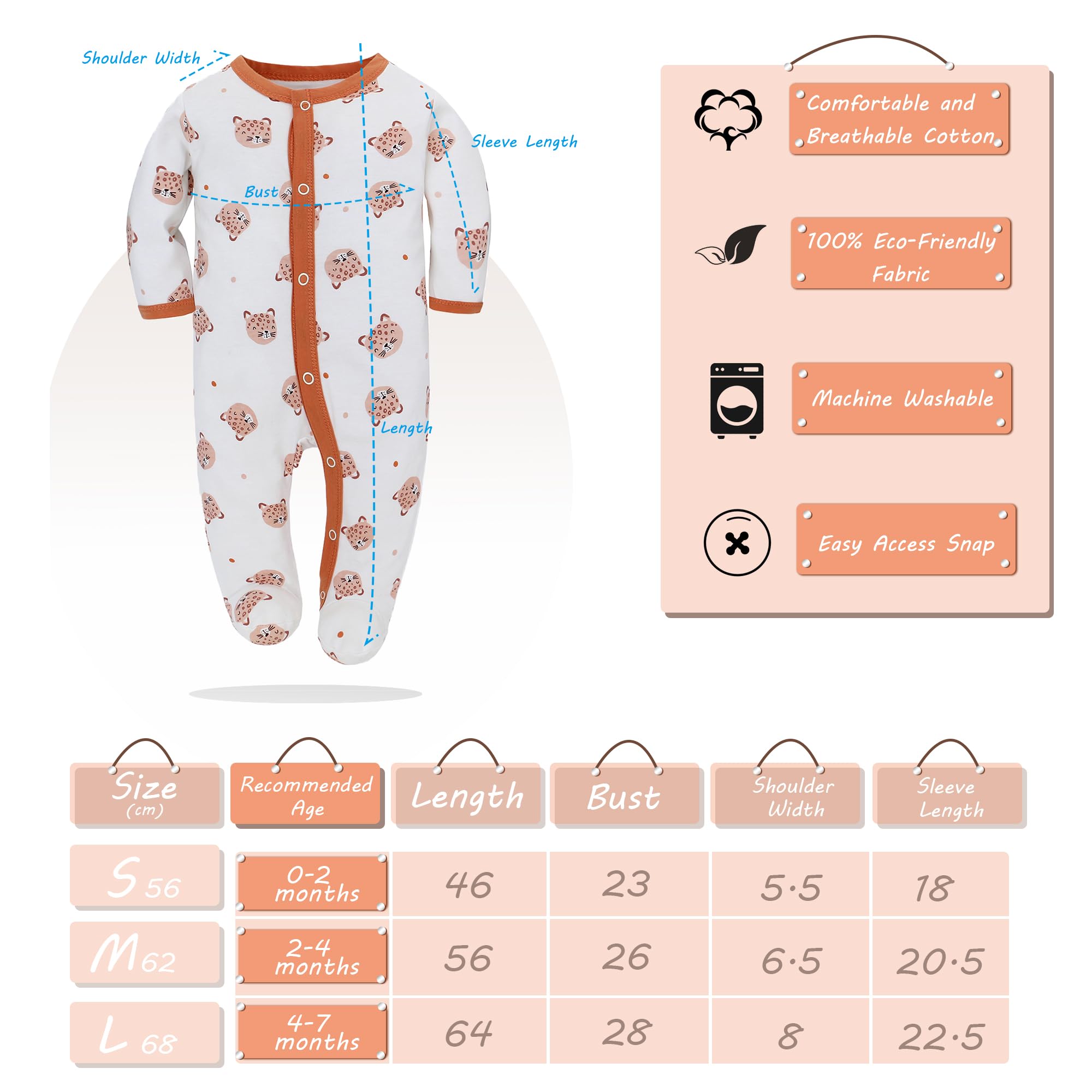 Miracle Baby 3 Pezzi Neonato Pagliaccetto Tutine Neonato Cotone Manica Lunga con Bottoni Bambino Pigiama Gr. 56 62 68 per Ragazze Ragazzi