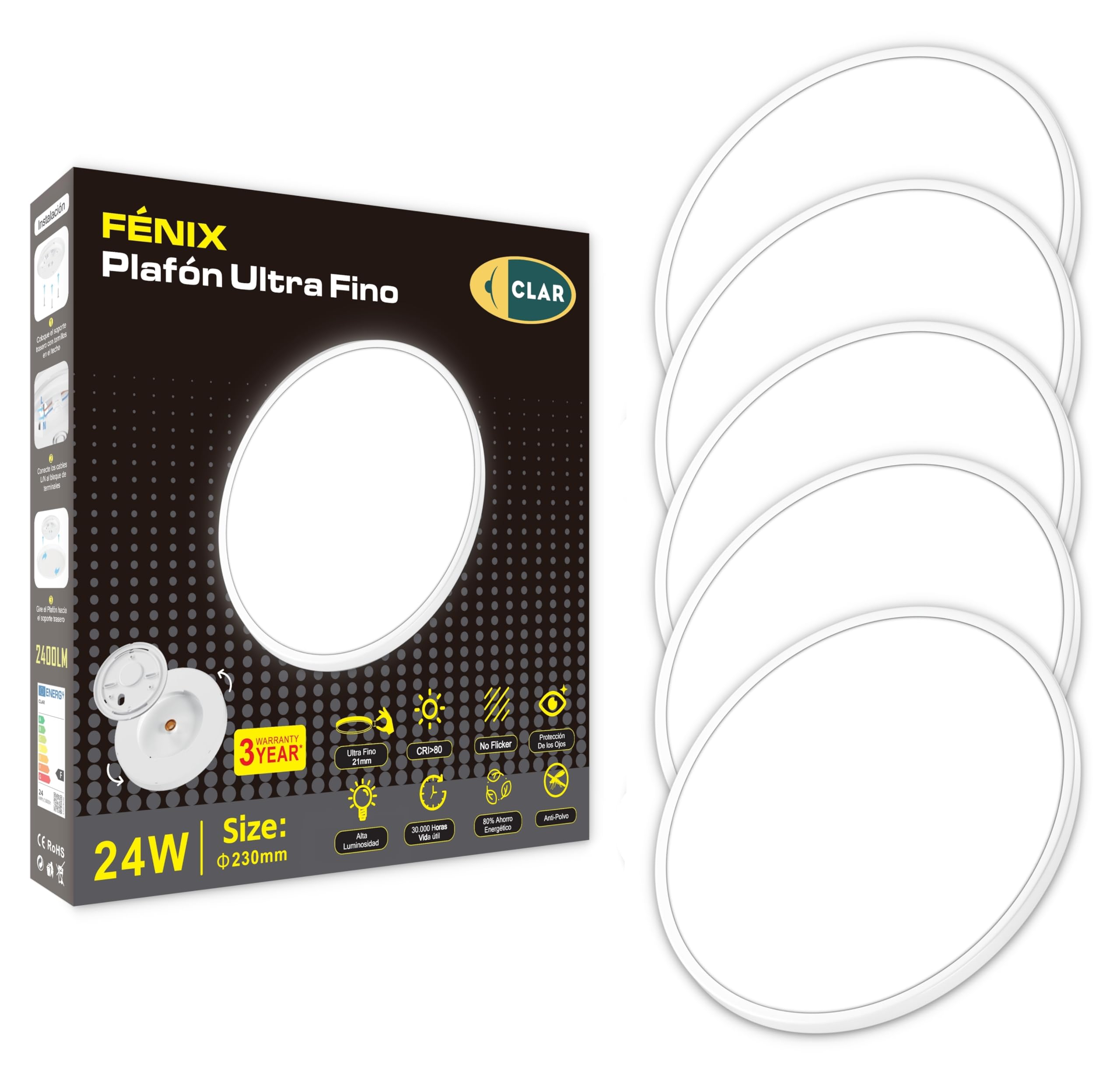 CLAR LED Plafoniera Ultra Slim - Luminosa Soffitto Bagno, Luce Naturale 4000K, 24W (Pack 5)
