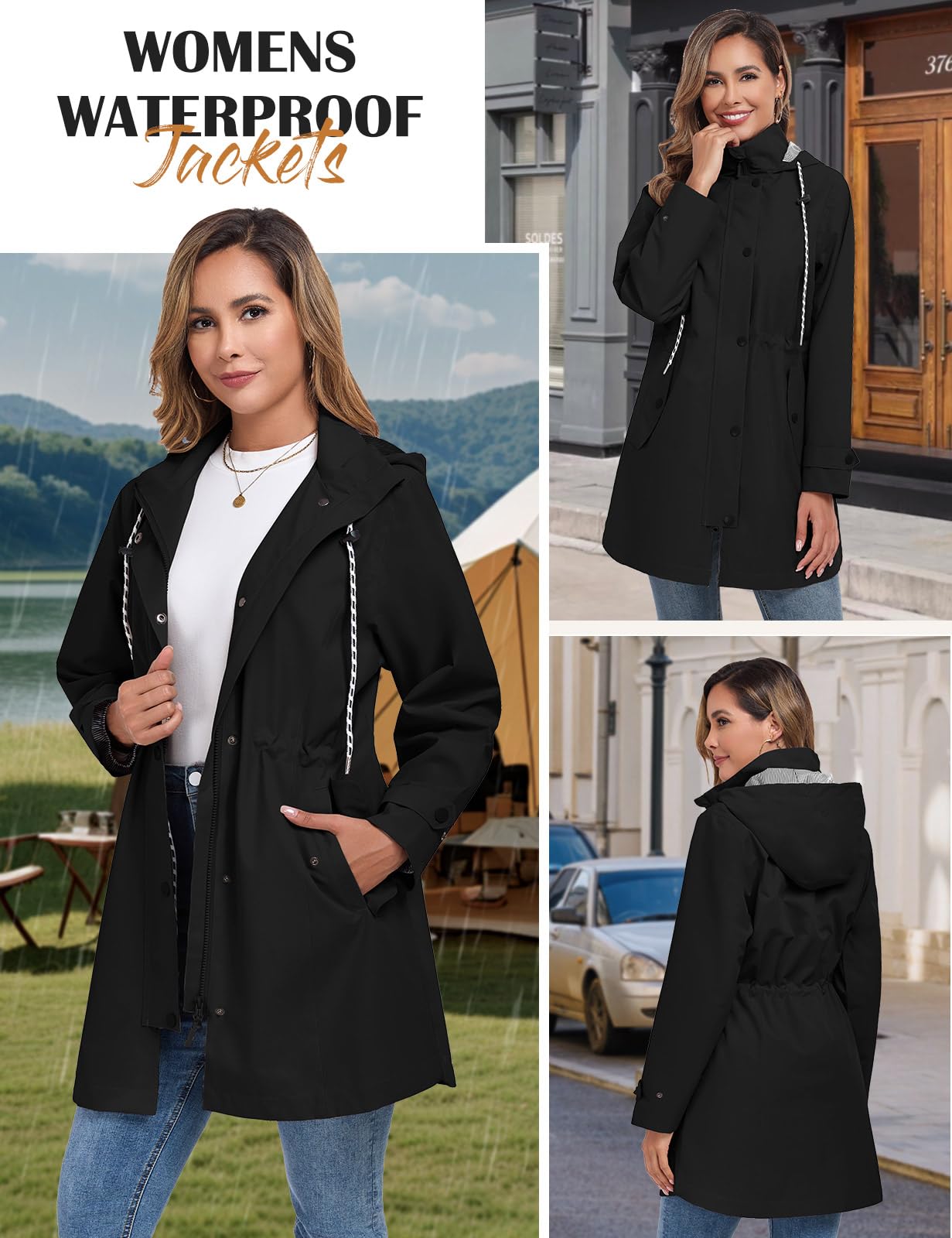 CMTOP Chubasquero Mujer Impermeable Largo Chaqueta con Capucha Al Aire Libre de Viento de Lluvia Abrigos Ligera Encapuchado Cortavientos Plegable Transpirable Cremallera Raincoat