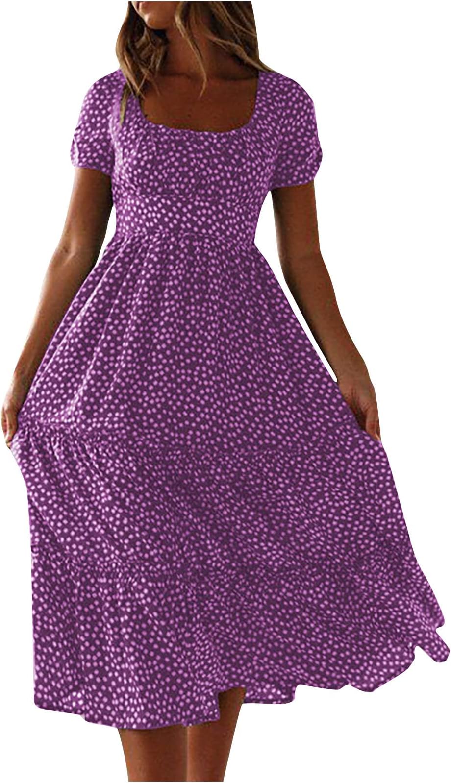 Chiffon Dresses for Women UK Sale Clearance,Ladies Summer Polka Dot Dresses Ruffle Short Sleeve Square Neck Elegant Empire Waist Party Midi Dress Going Out Holiday Wedding Guest Dresses