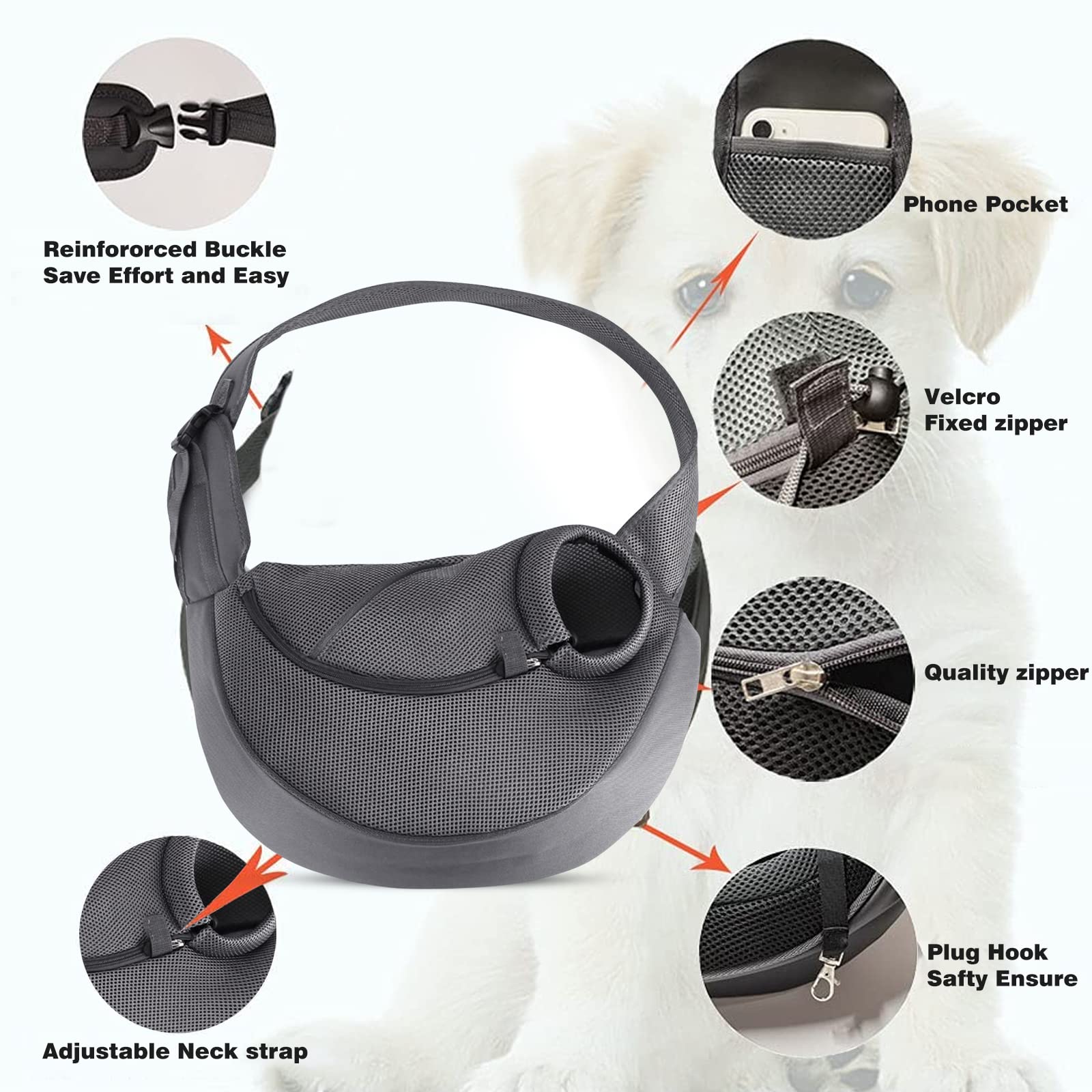 PETCUTE Sac de Transport Chien,Mains Libres,Portable Sac à Bandoulière Chien Chat,Réglable Sac de Voyage pour Petits Animaux avec Maille Respirant,Poche pour Extérieur Marche Métro,L