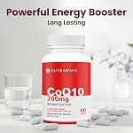 Nutrawave CoQ10 Supplément à l'ubiquinone – Puissant 200mg Capsules de haute puissance, Coenzyme q10 Améliore la santé cardiaque, augmente l'énergie et la performance d'exercice, réduit les migraines et est un puissant antioxydant, sans gluten, NON-GMO, Végétaux - 60 Capsules