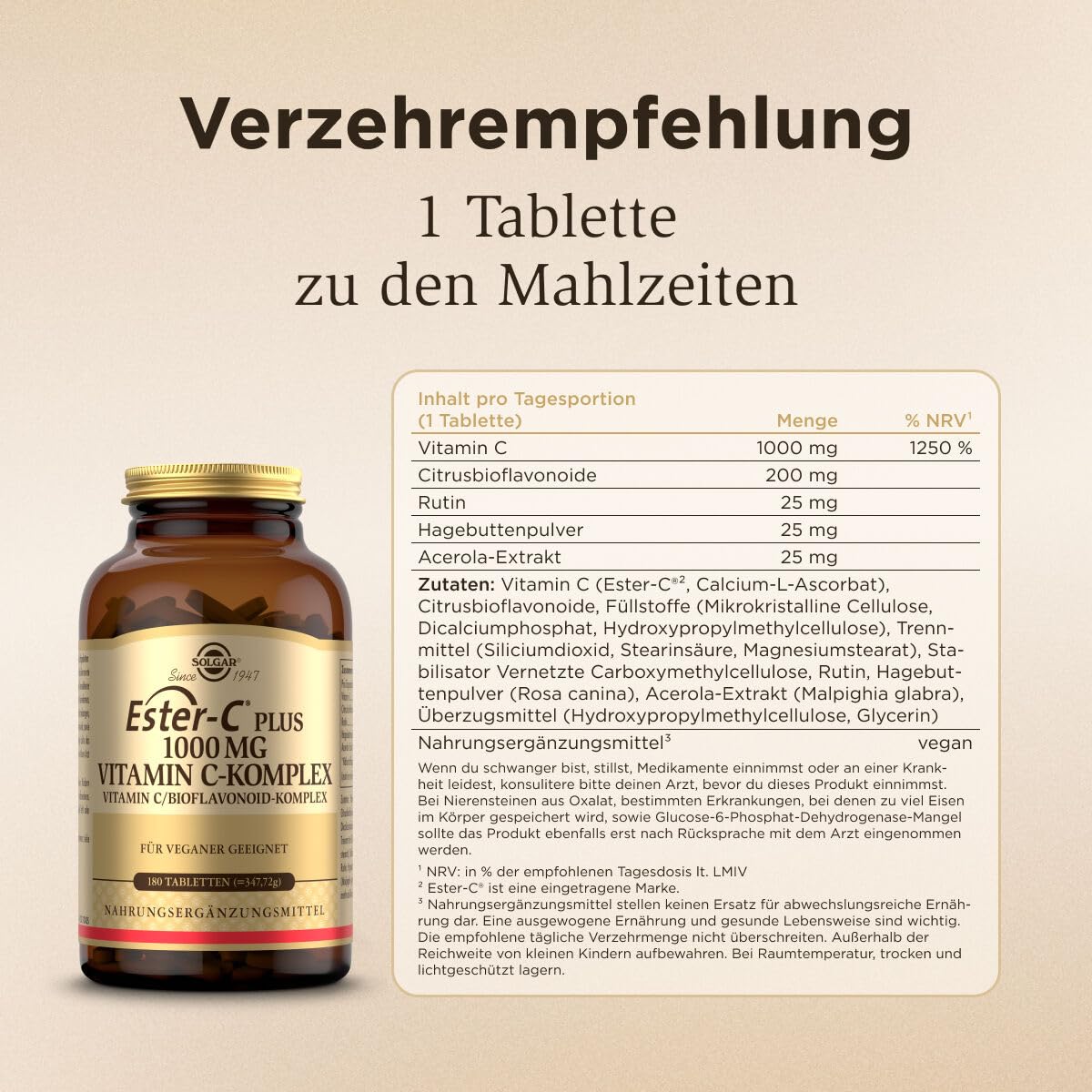 SOLGAR® Ester-C Plus (1000 mg) | Vitamin C-Komplex mit patentiertem Ester-C®, Citrus Bioflavonoiden, Acerola-Extrakt, Hagebutten-Pulver und Rutin | 180 vegane Tabletten