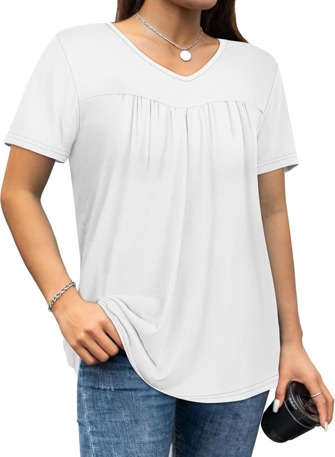T Shirts for Women Short Sleeve Tops Casual Pleated Front Blouses V Neck Summer Tees - Image 6