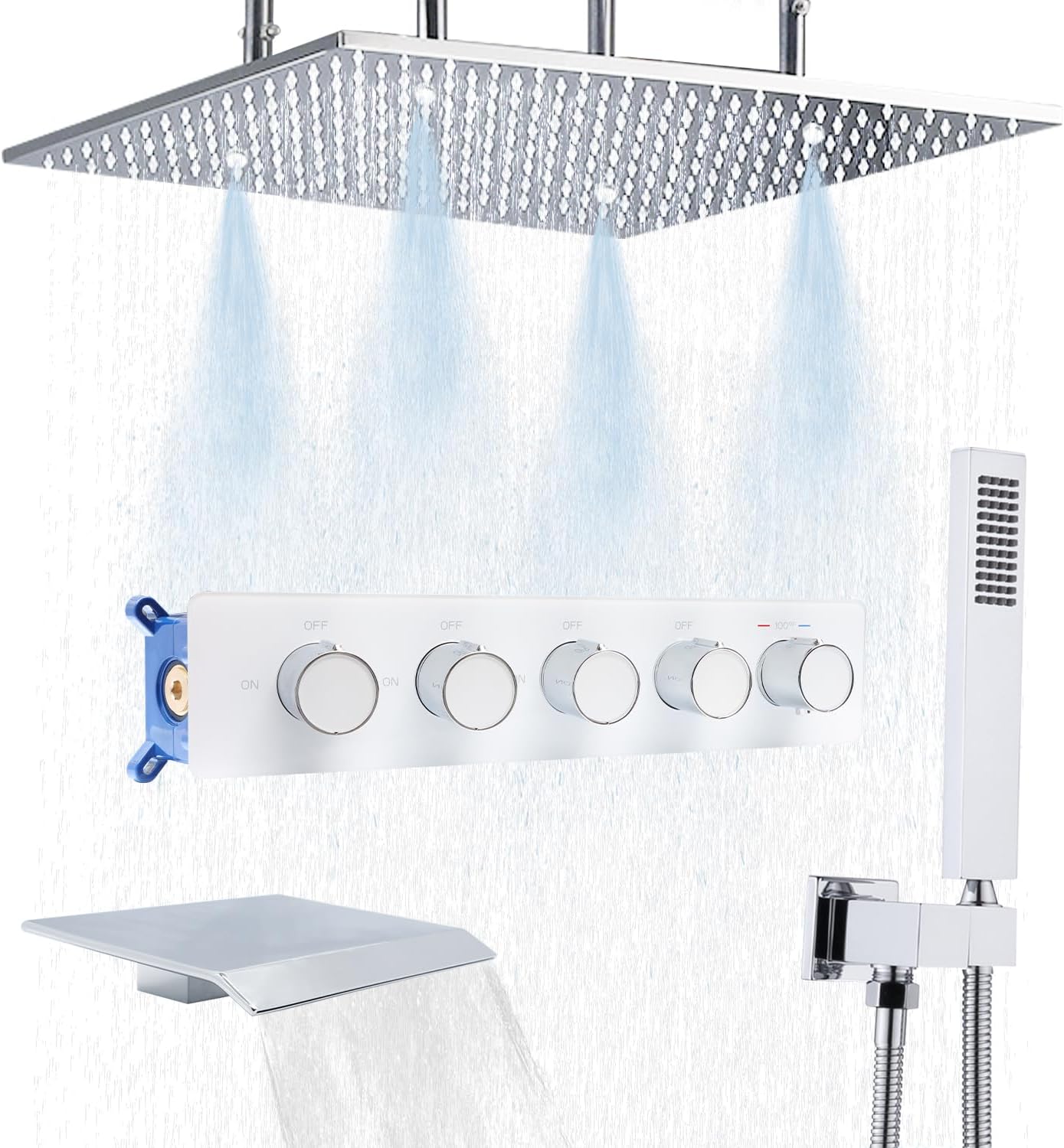 16 Inch Ceiling Mount Dual Function Shower Head Rain Mixer Shower Faucet Set with Waterfall and fog water Tub Spout Square Thermostatic Shower System,Polished Chrome