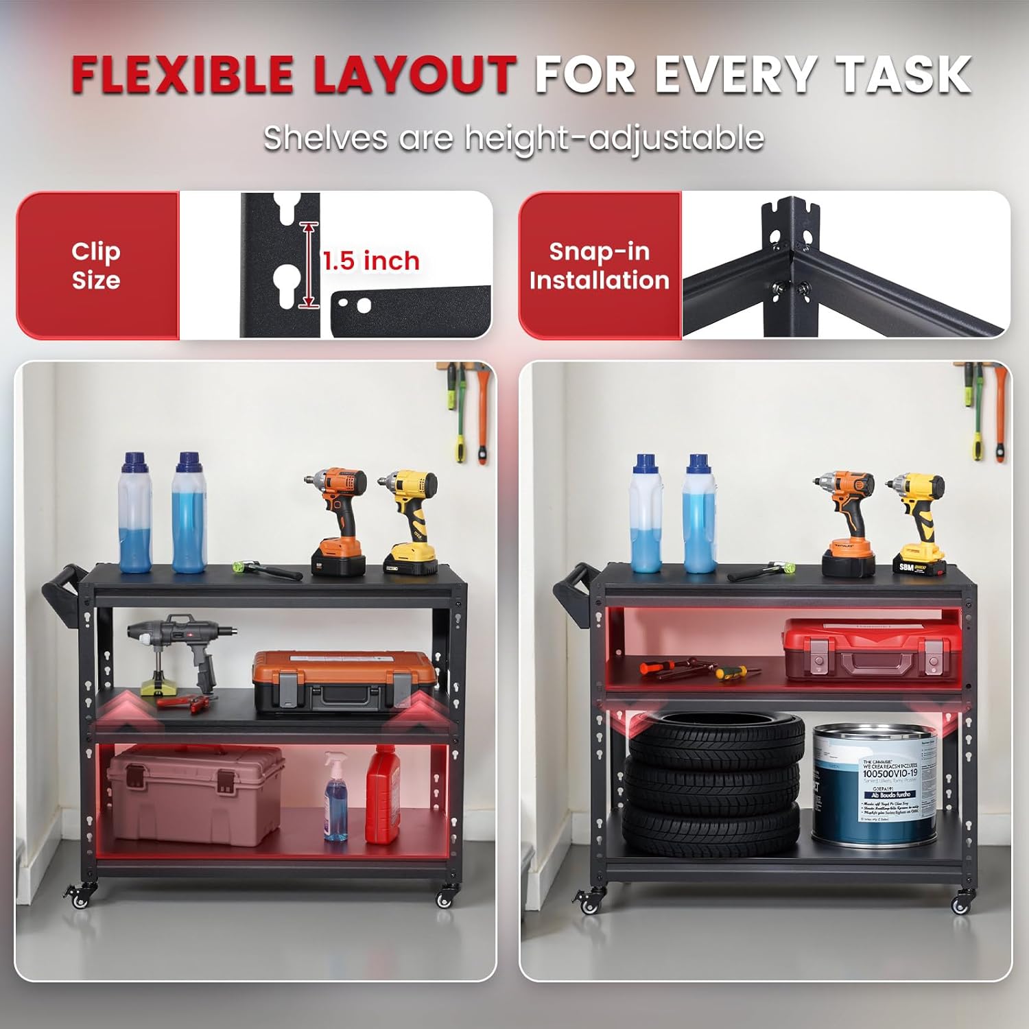 3-Tier Rolling Workbench with Pegboard Heavy Duty Mobile Work Table with Wheels & Push Handle Adjustable Shelf Workstation for Garage, Warehouse & Kitchen