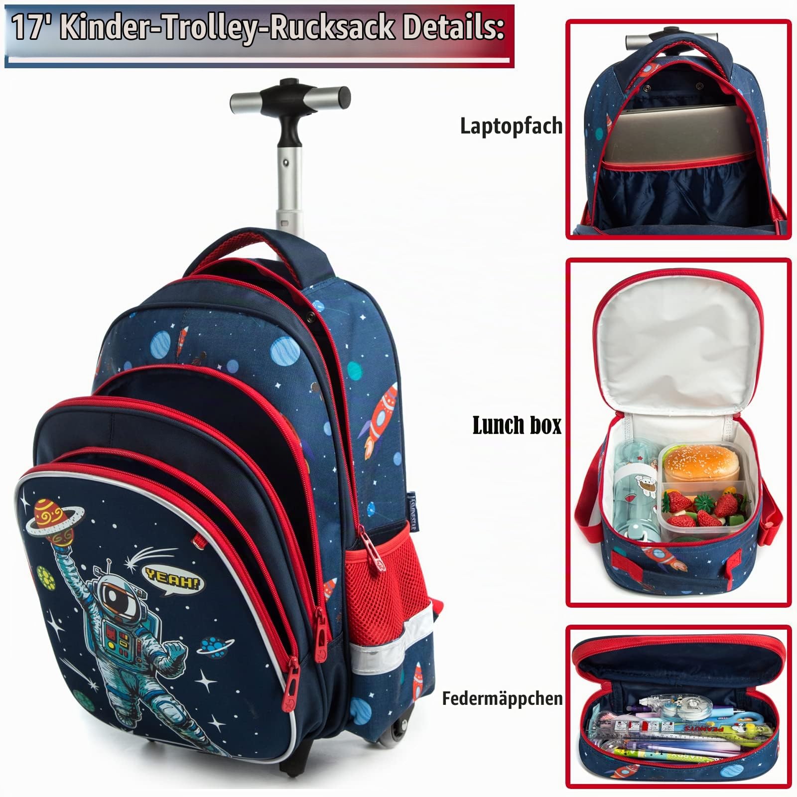 16" Schulranzen Kinder Rollrucksack für Mädchen 3PCS Rollen Reiserucksäcke