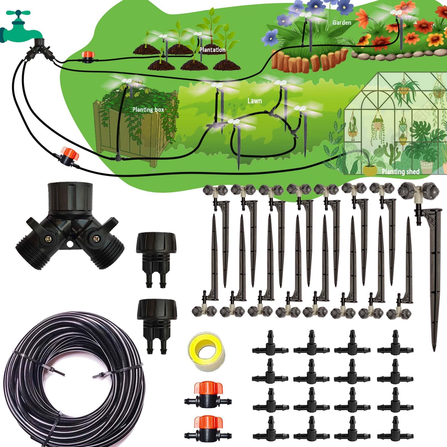 Drip Irrigation Kit 65.5FT, 1/4 Tubing and 16 Spray Watering Nozzles in 4 Directions, Automatic Watering System for Potted Plants Yard Lawn Juvenile Plants Grey …