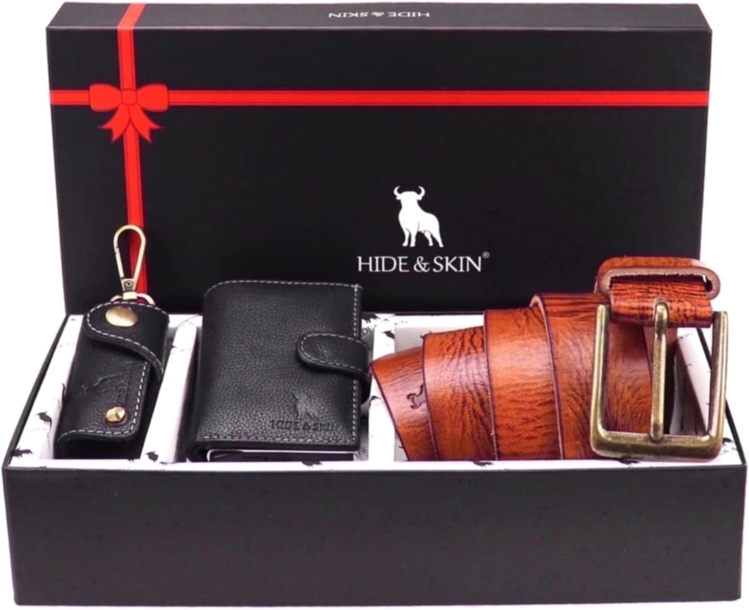 HIDE & SKINLeather Men's Card Holder, Belt, and Keychain Combo Gift Box (Black Belt Combo)
