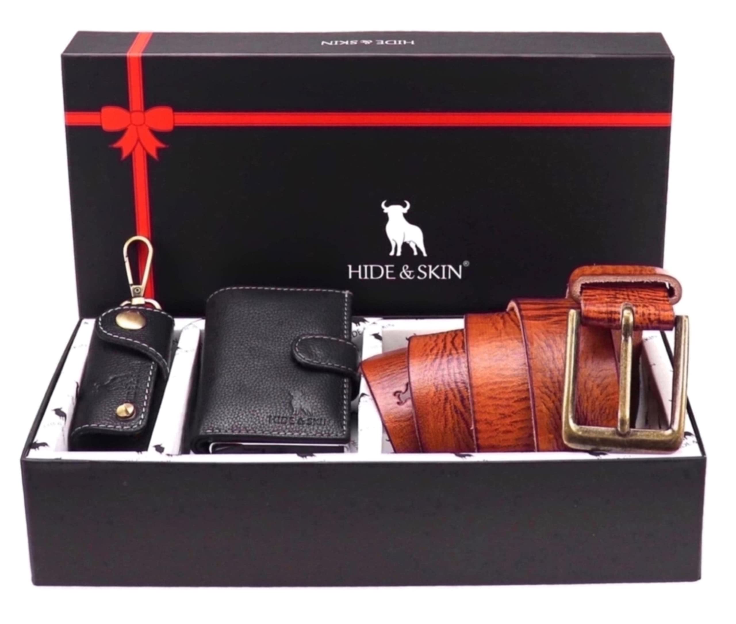 HIDE & SKINLeather Men's Card Holder, Belt, and Keychain Combo Gift Box (Black Belt Combo)
