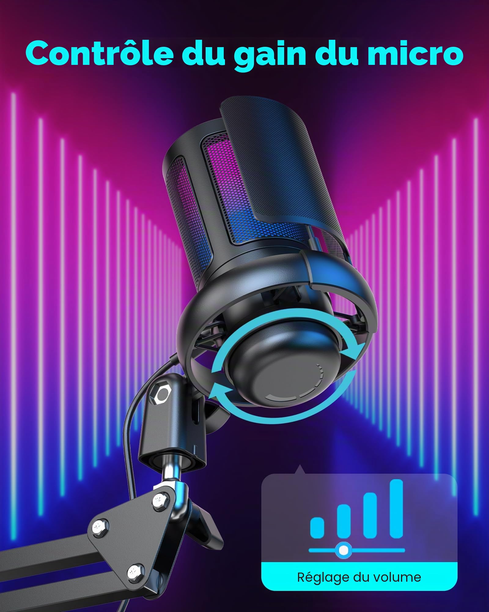 Micro Gaming PC - USB Microphone avec Bras pour Mac, PS4 & PS5 - Bouton De Silence, Fixation Antichoc - pour Le Streaming, Les Jeux, Les Podcasts