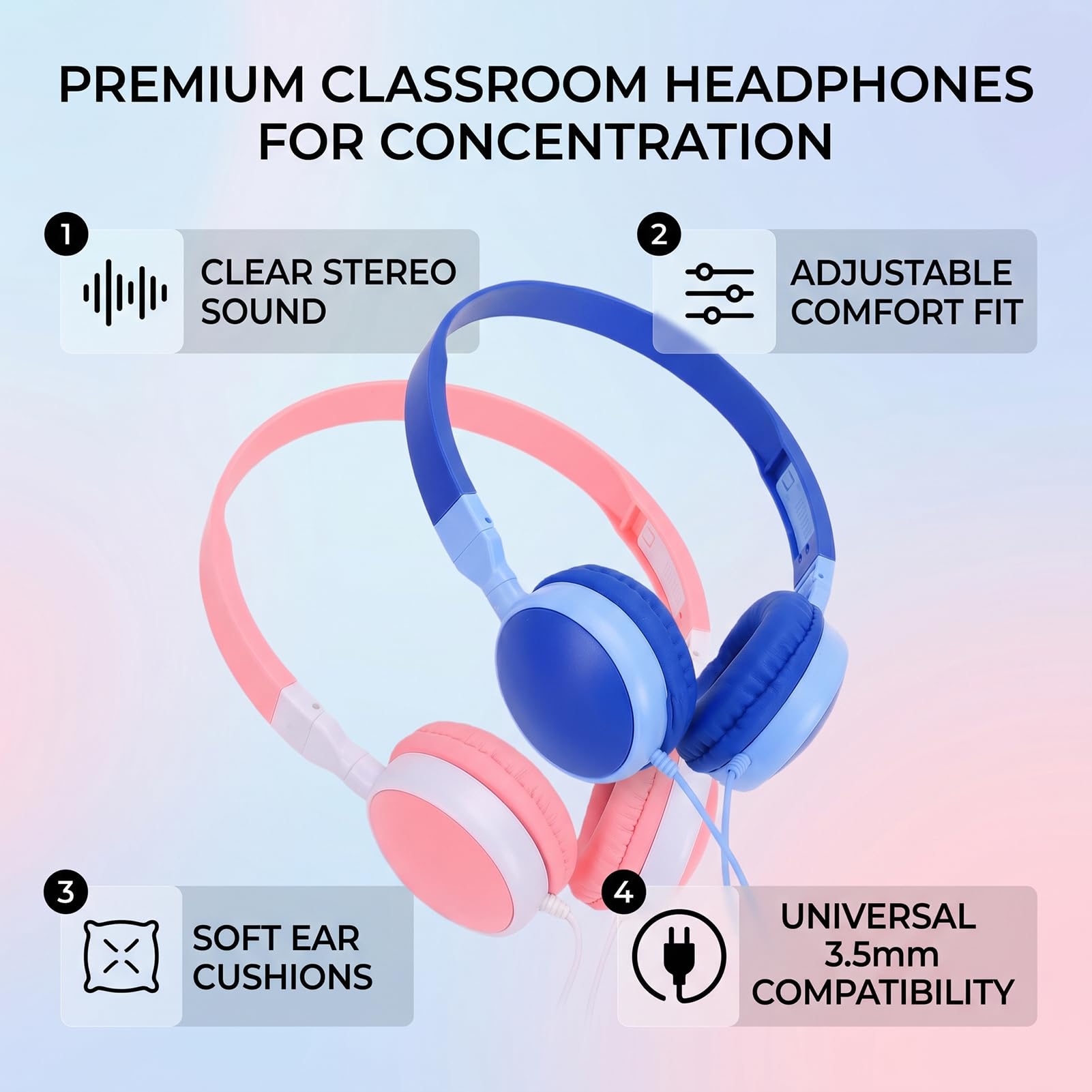 AMONIDA Cuffie per Bambini Confezione da 12, Cuffie con Cavo da 3,5 Mm, Archetto Regolabile, Morbido Cuscino, Suono Stereo per Viaggi con Laptop in Aula Scolastica