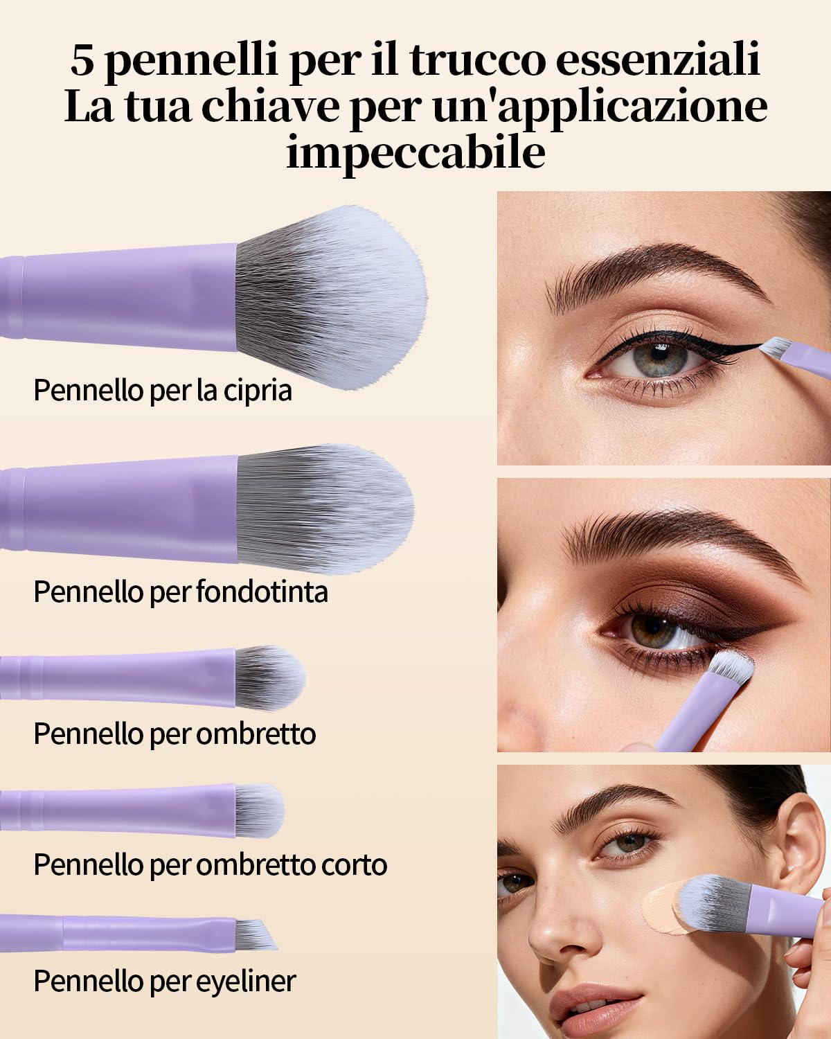EIGSHOW Set di 5 pennelli da trucco con setole infuse agli ioni d'argento, pennelli da trucco professionali essenziali per il viso completo, per cipria, fondotinta, ombretto, eyeliner, correttore