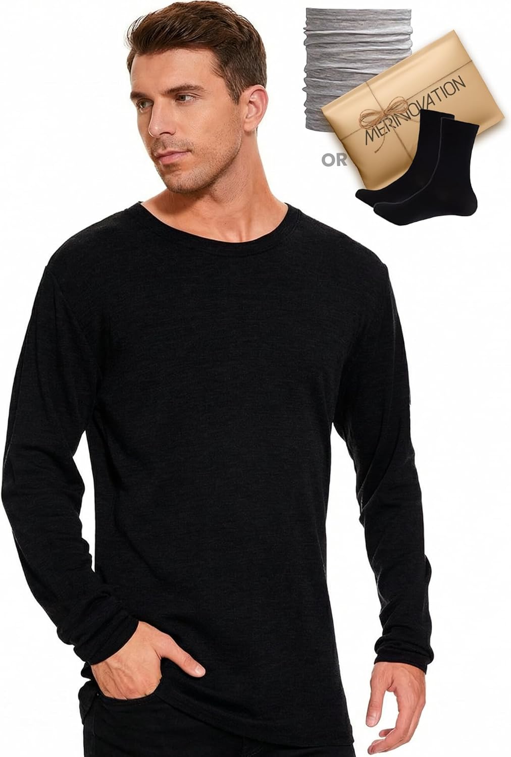 MERINNOVATION Merino Wool Base Layer Mens - 100% Merino Wool Shirts for Men Long Sleeve Thermal Lightweight - Midweight Top