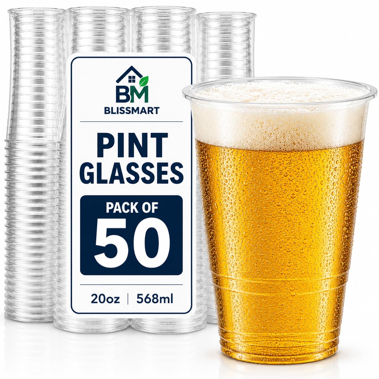 BLISSMART Plastic Pint Glasses 50 Pack 20oz 568ml UKCA Marked Clear BPA Free Strong Disposable Beer Cups for Parties BBQs Events