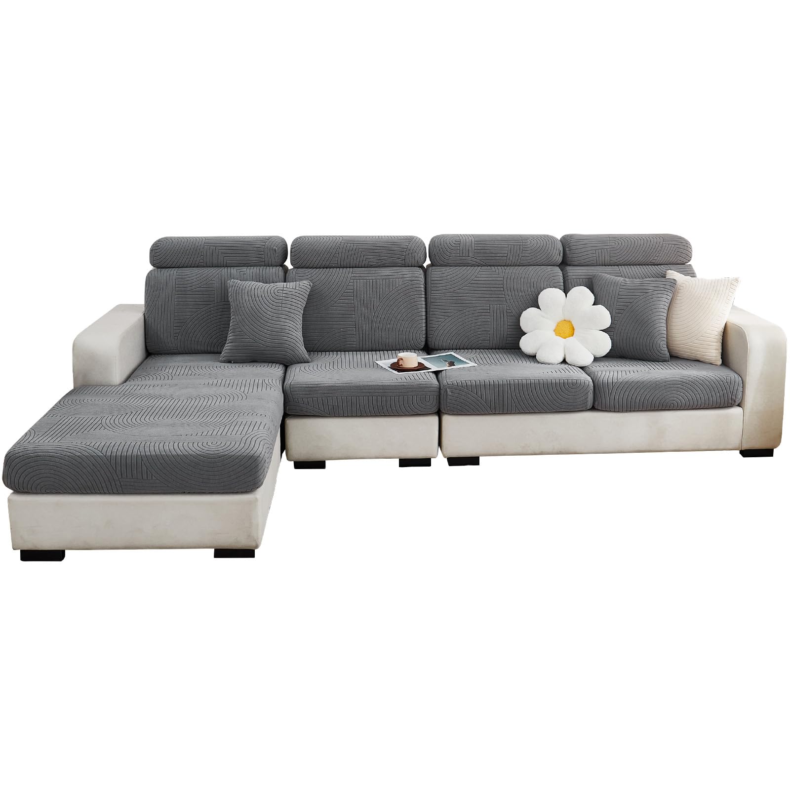 SHANNA Super Stretch Sofa Seat Cushion Cover, Universal Sofa Covers Non-Slip and Soft Sofa Slipcover, L Shape Thick Jacquard WearResistant Furniture Protector Cover (Rhythm Grey, Chaise Cover)