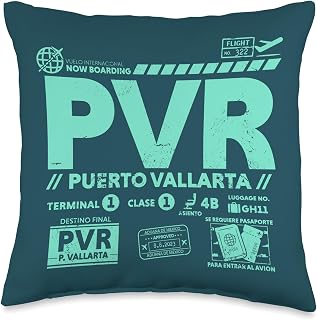 Now Boarding Air Travel Vacation Tees Vintage Puerto Vallarta PVR Airport Code Travel Day Retro MX Throw Pillow, 16x16, Multicolor