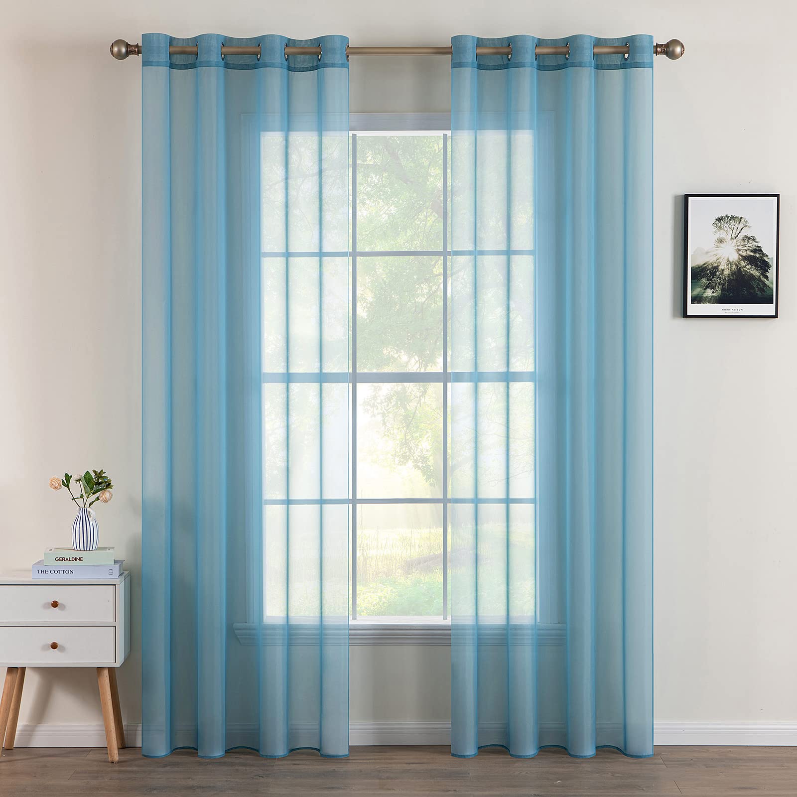 MIULEE Gordijnen transparante gordijnen kleurverloop voile vitrage set van 2 gordijnen met ogen decoratieve vitrage voor slaap- en woonkamer 245 x 140 cm (h x b) blauw-wit