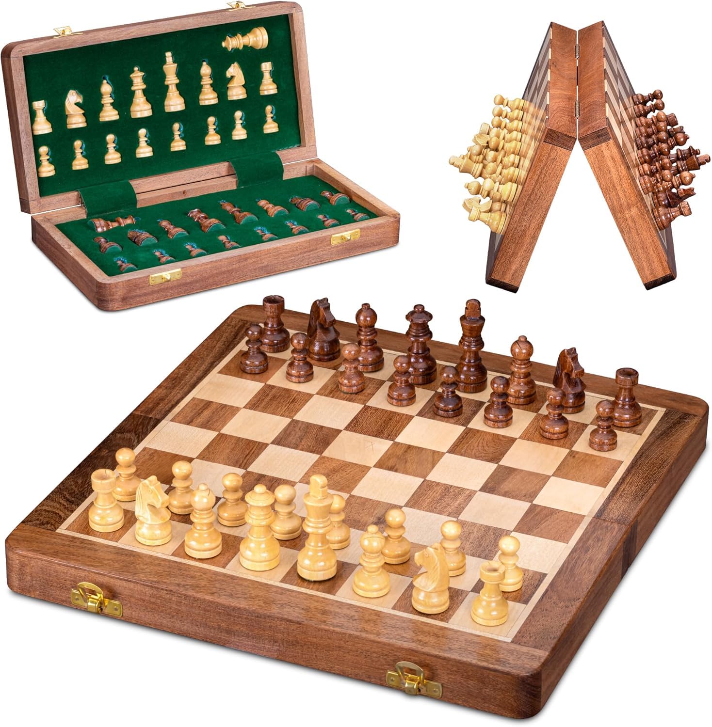 Magnetisches Schachspiel aus Holz – 25,4 cm faltbares Reise-Schachbrett für Erwachsene und Kinder, handgefertigtes Akazienholz-Spiel mit Ablagefach, dekoratives mittleres Schachset für Geschenk und