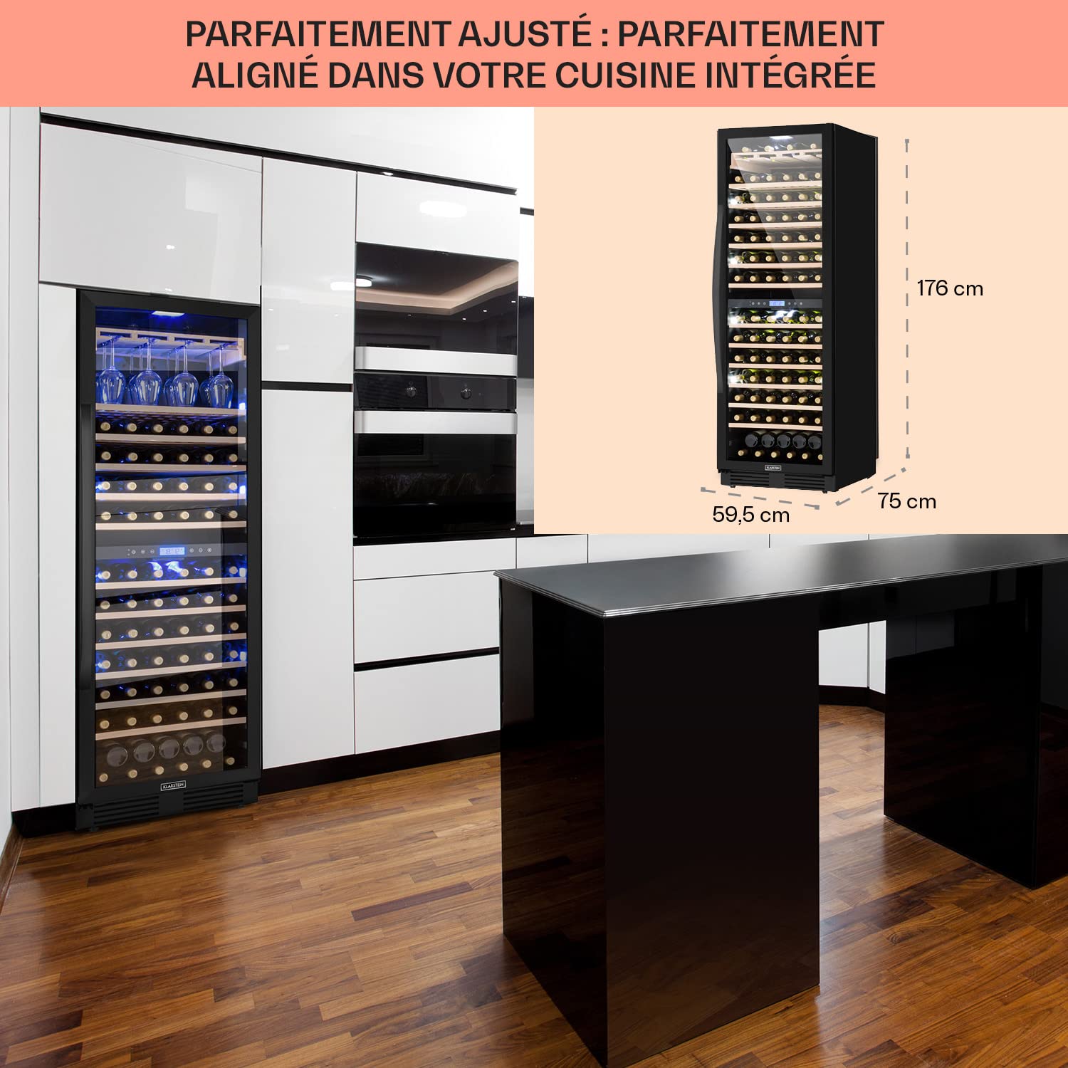 Klarstein Cave a Vin Encastrable, Caves à Vin de 425L avec une Porte en Verre, Cave a Vins à Double Zone, Bar Intérieur/Extérieur, Frigo a de Vieillissement, à 165 Bouteilles
