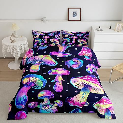 Juego de edredón de hongos, tamaño matrimonial, juego de ropa de cama botánico kawaii trippy psicodélico con plantas psicodélicas para niños, niñas,