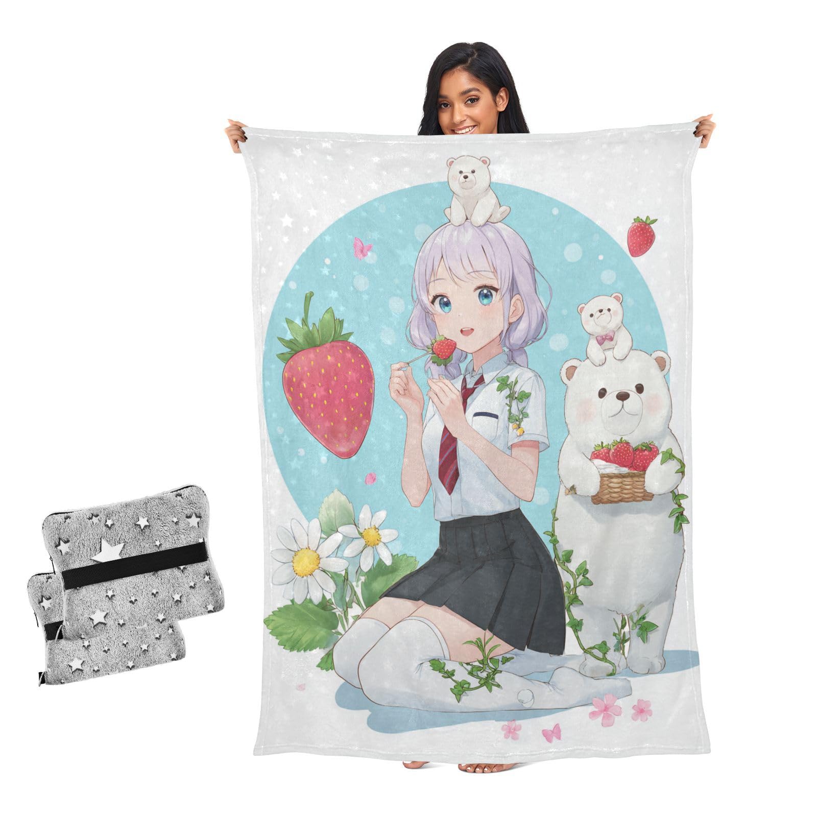 Adorable couverture lit ours blanc fraise grand plaid confortable
