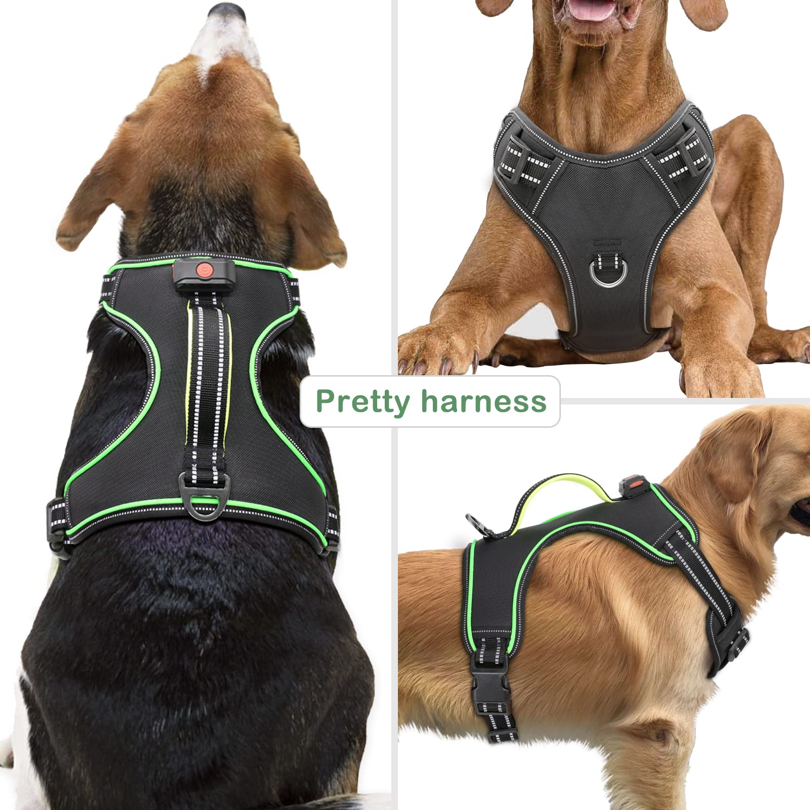 Arnés iluminado para perro, sin tirones, con luz LED, con asa, recargable, para perros pequeños, medianos, grandes y extragrandes, sin tirones, arnés ajustable de 4 puntos