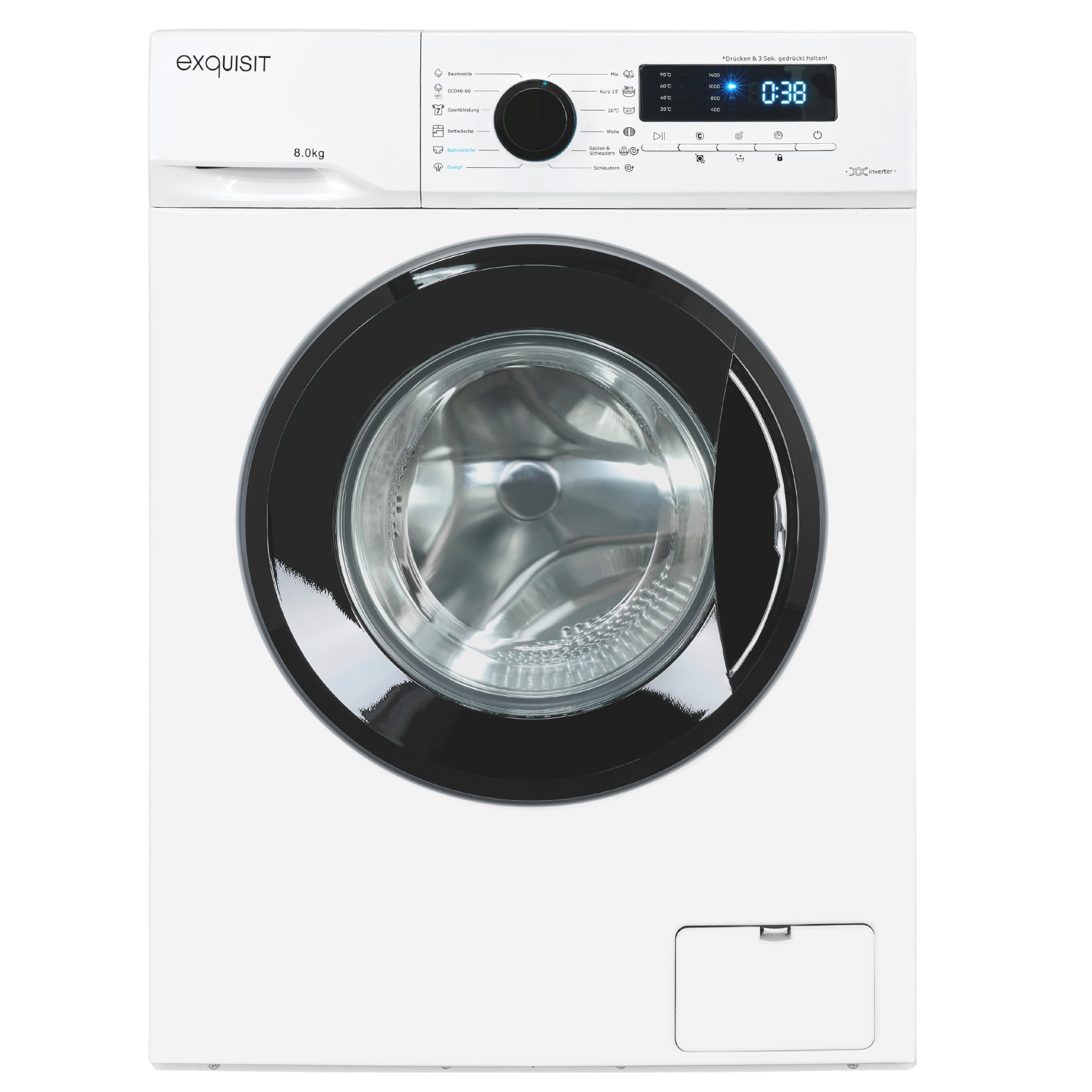 Exquisit Waschmaschine 8 kg, Energieklasse A, 1400 U/Min, 13 Programme | Frontlader mit Startzeitvorwahl, Kindersicherung, Invertermotor – ideal für Familien ab 4 Personen
