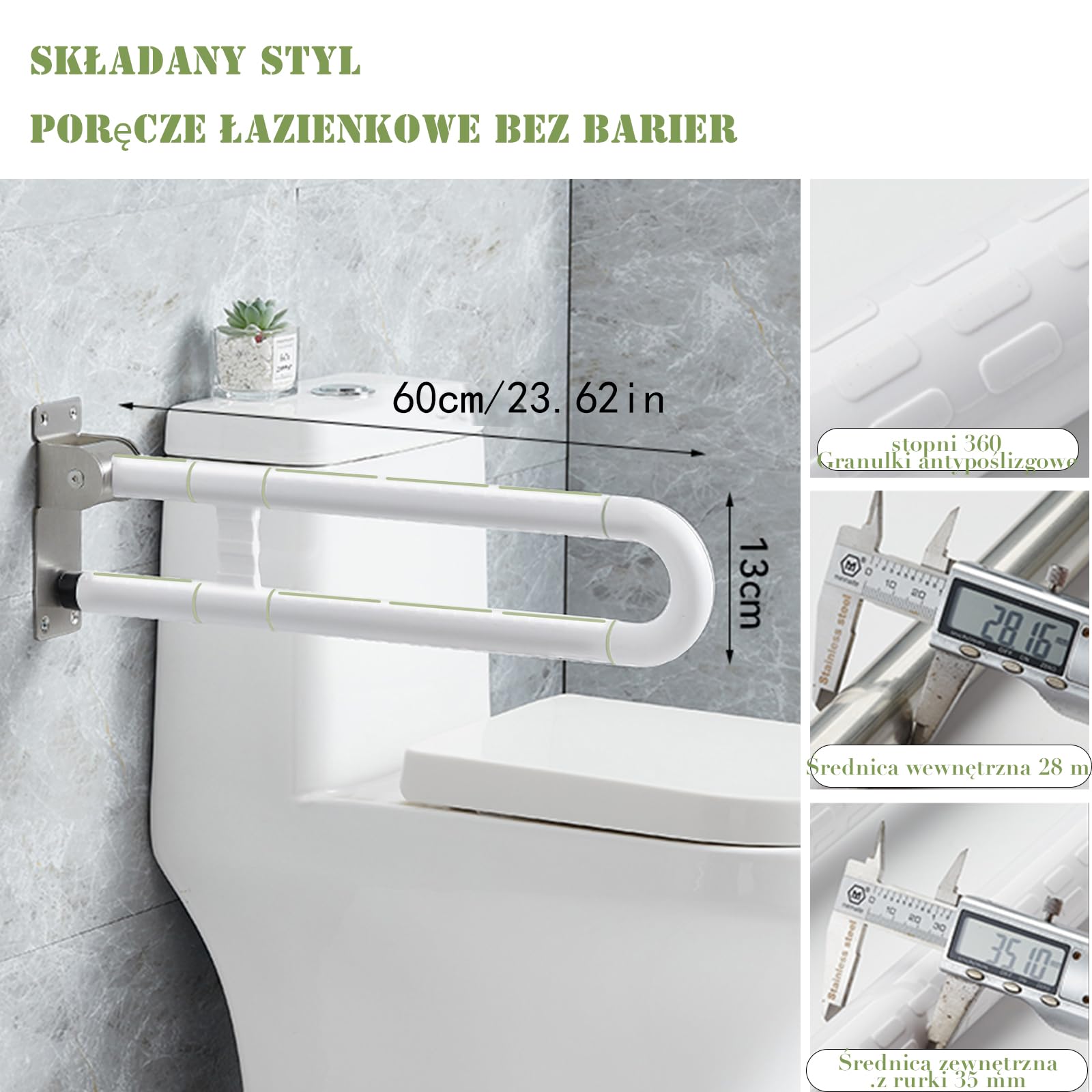 Uchwyt ścienny do toalety, 60 cm dla seniorów, niepełnosprawnych, uchwyt do WC, składany uchwyt pomocniczy do wstawania, antypoślizgowe uchwyty toaletowe dla seniorów (biały, zwykły styl)