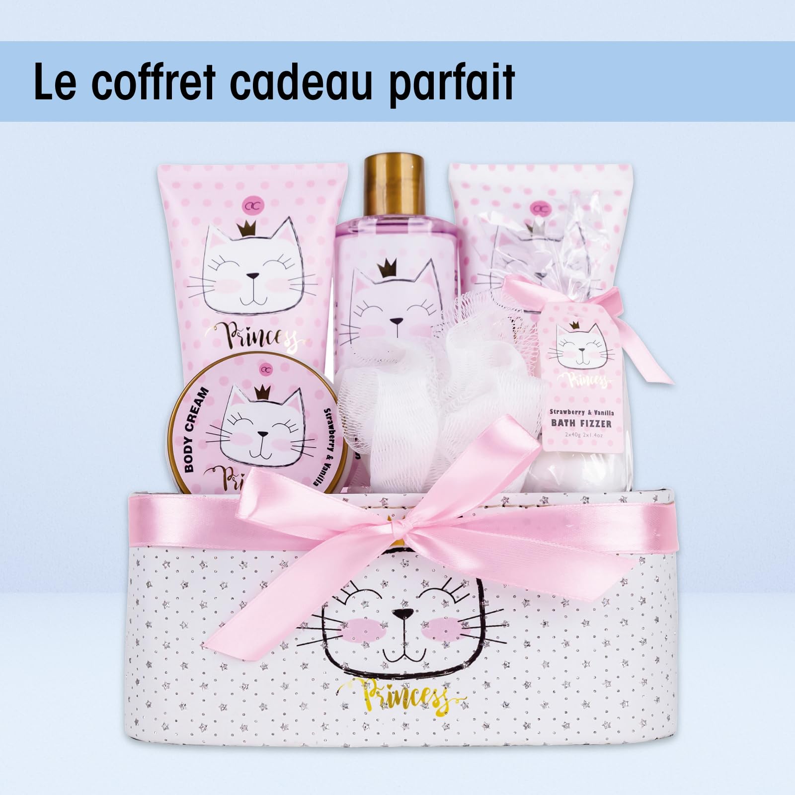 Accentra Coffret cadeau PRINCESS KITTY, coffret cadeau fille avec 250 ml gel douche, 180 ml lait corps, 180 ml gommage corps, 60 ml crème corps, 2 x 40 g bombe de bain, joli panier rose à offrir