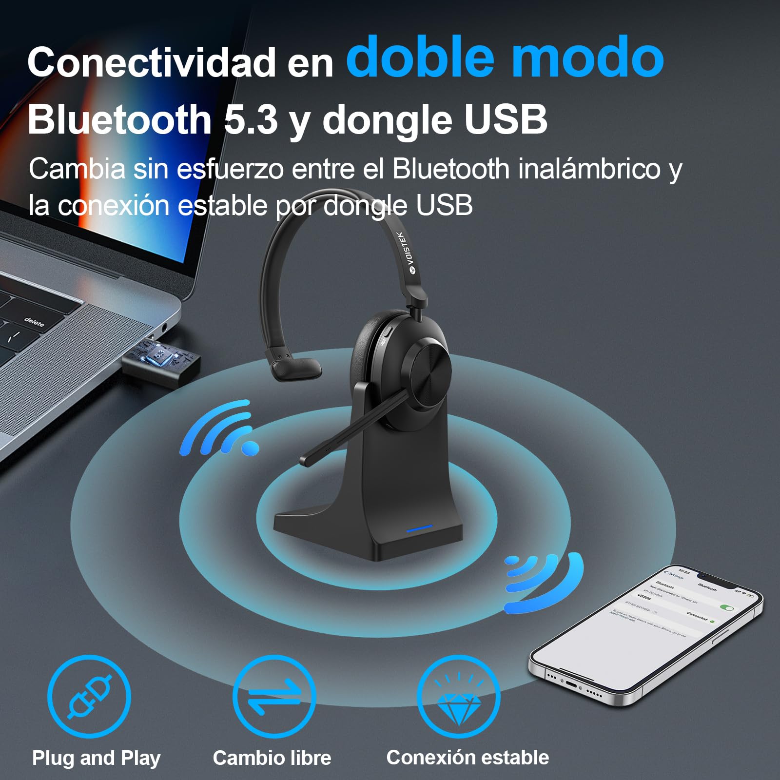 Voistek Auriculares Inalámbricos Bluetooth con Micrófono y Cancelación de Ruido, Dongle USB para PC, Botón de Silencio, Base de Carga, Ideales para Oficina, Reunión, Zoom, Call Center, Ordenador