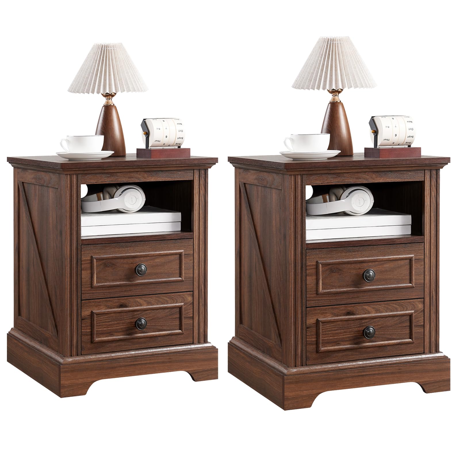 QUW Nightstand Set of 2 with Charging Station, Side Table with Open Storage and 2 Drawers, 18" Retro Bedside Table, End Table for Bedroom, Living Room