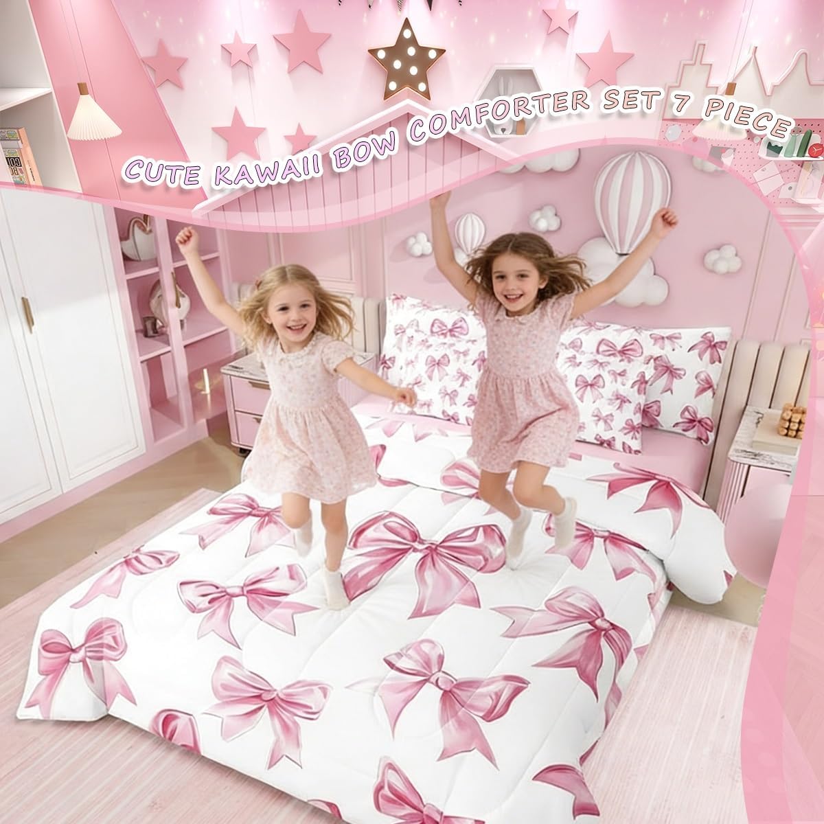 Erosebridal Kawaii Bowknot Girls Bed in A Bag with Sheets Dreamy Princess Style Twin Comforter Set 7 Piece for Kids Teen Women,Girly Cute Bow Bedding Set Pink Bow Tie Bed Set Bedroom Decor - Image 5