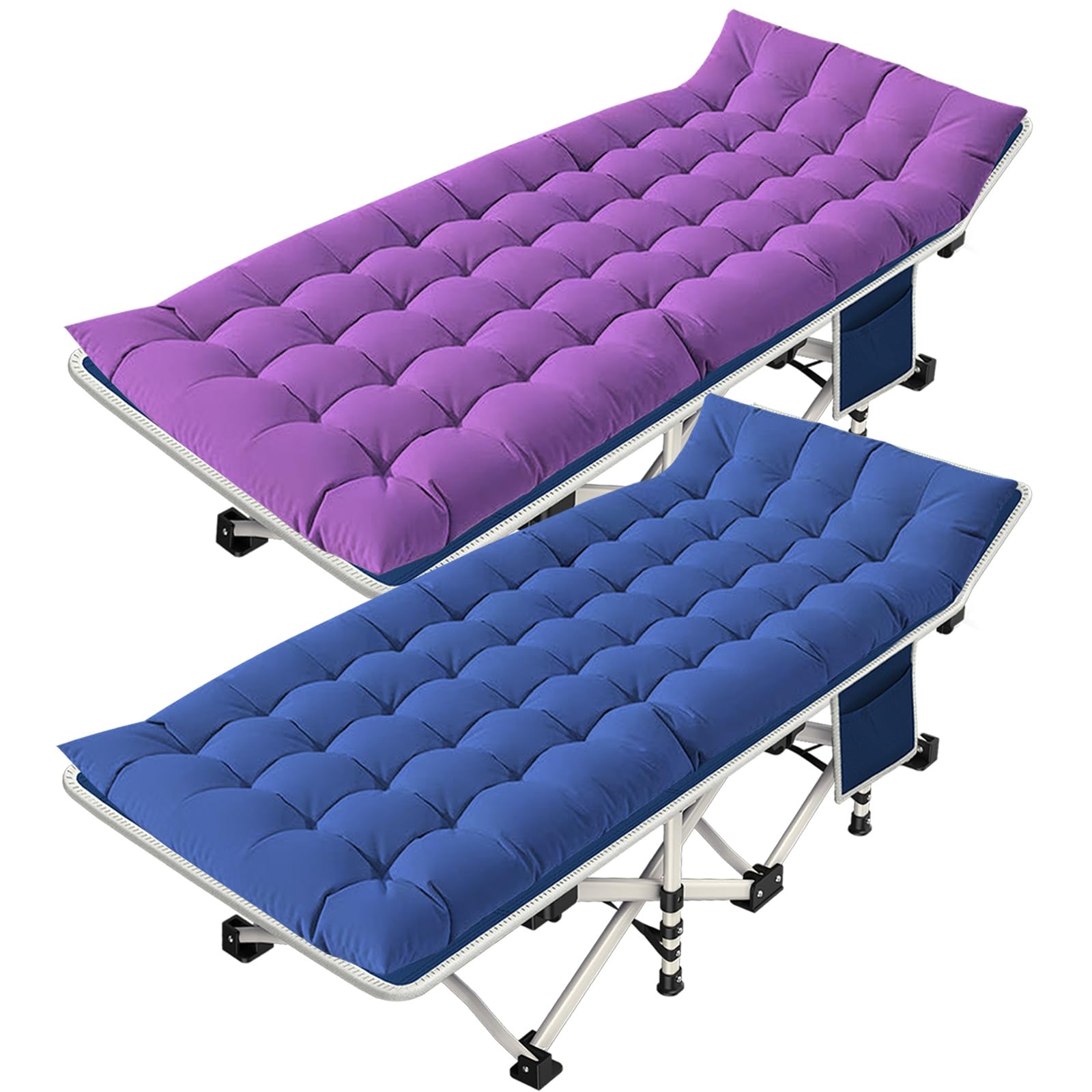 NESDCC 2 Pack Camping Cot with Mattress Comfortable Cot Bed Folding Cot Heavy Duty Blue and Purple Cots for Sleeping with Carry Bag for Adults Kids