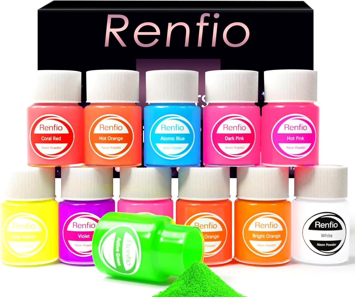 Renfio Neon Pigment Powder, 12 Colors Neon Mica Powder, 10g/Jar Mica Powder for Resin Bright Fluorescent Nail Glitter Powder for Nail Art, Candle Dye, Soaping Making, Bath Bomb, DIY Crafts