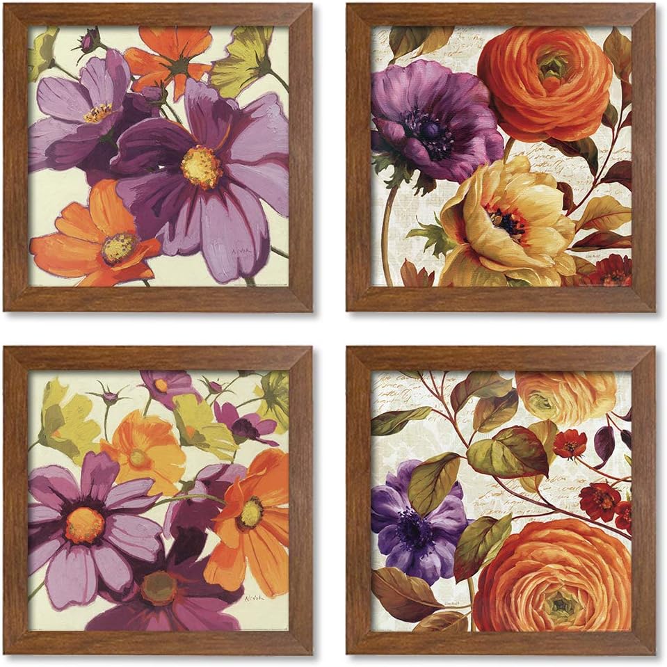 Painting Mantra Multi Color Flowers Framed Painting/Posters for Room Decoration, Set of 4 Brown Frame Art Prints/Posters for Living Room (4 Unit, 9x9 Inch)