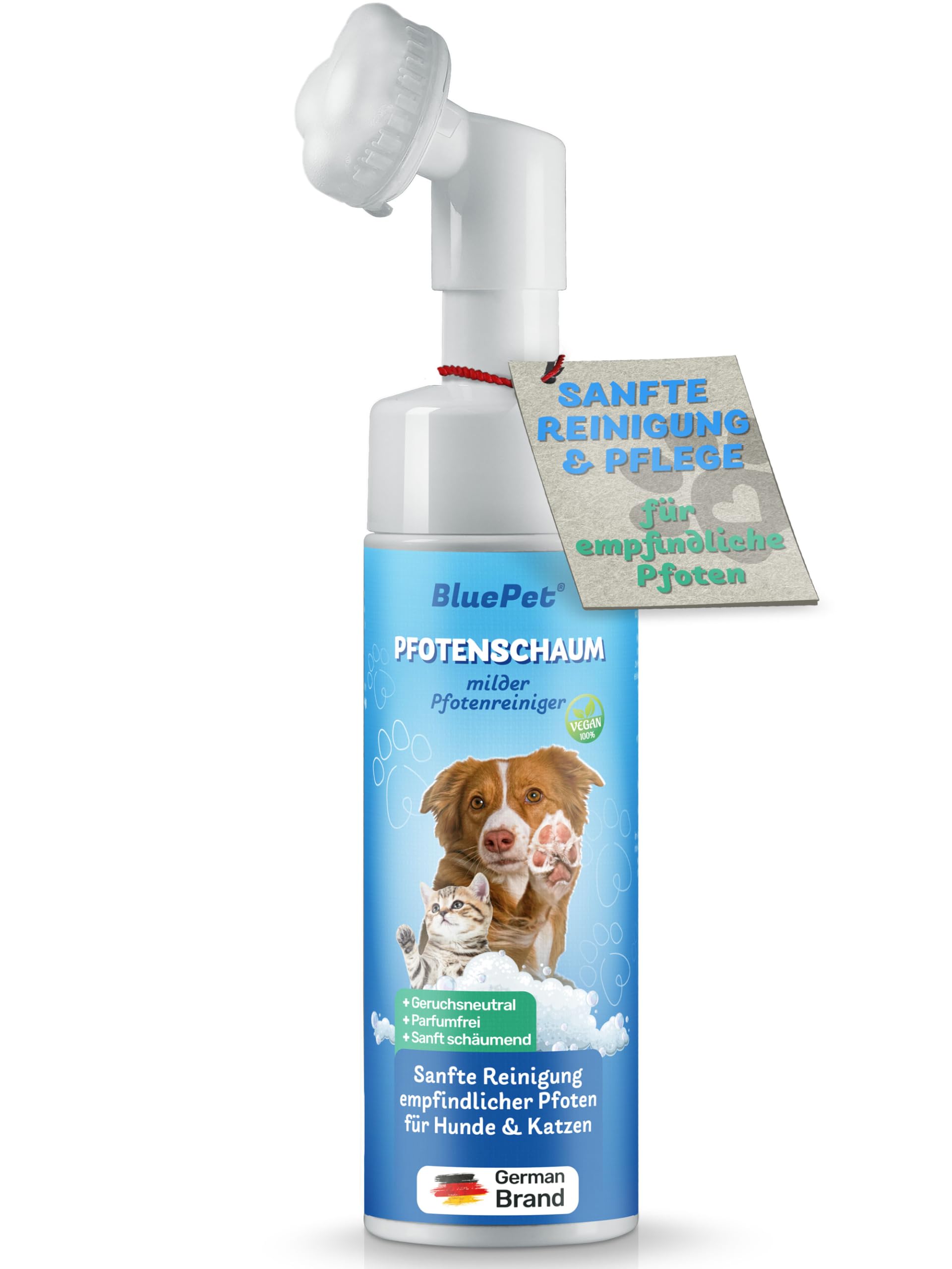 BluePet Pfotenschaum 200ml Pfotenreiniger Hunde & Katzen, Pfotendusche für große & kleine Pfoten, Pfotenwascher & Pfotenbürste für saubere Pfötchen, Reinigt & Pflegt, PawCleaner, Pfoten waschen