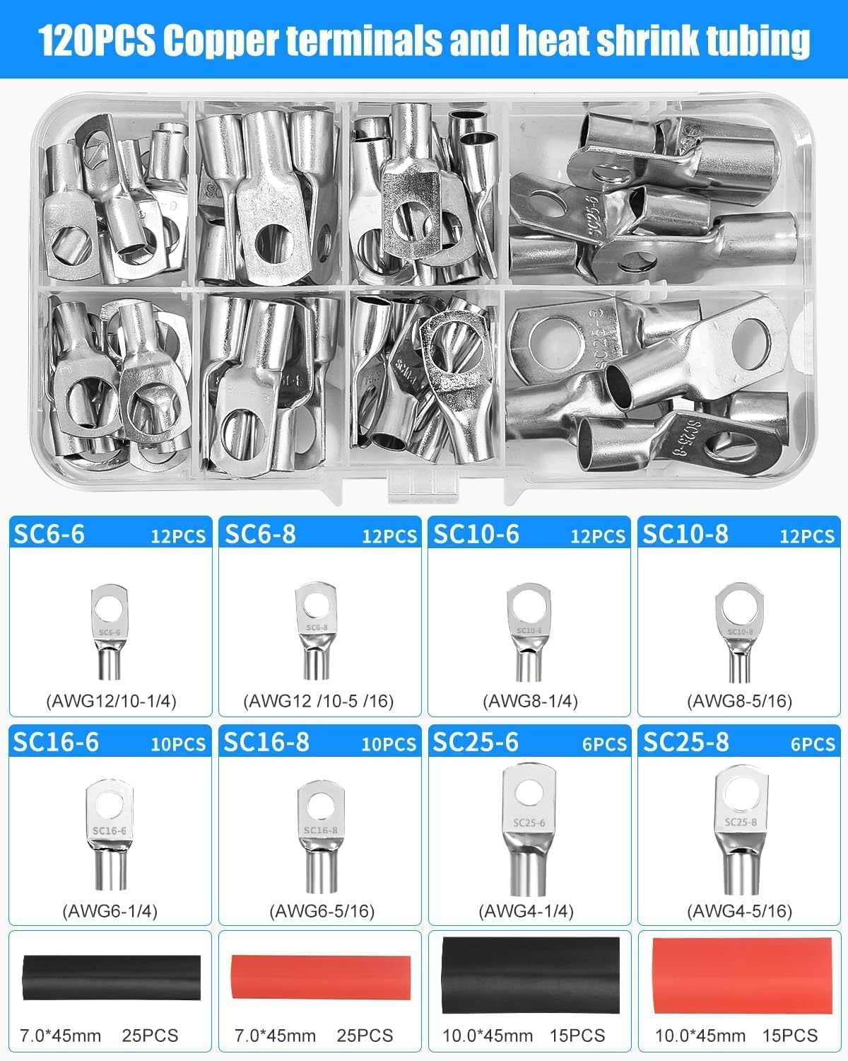 Pince à sertir,Grande pince à sertir de câbles de batterie 10-1/0 AWG 6/10/16/25/35/50 mm² avec 8 tailles 60 PCS cosses à anneau en cuivre et pince coupante + 60 PCS gaine thermorétractable