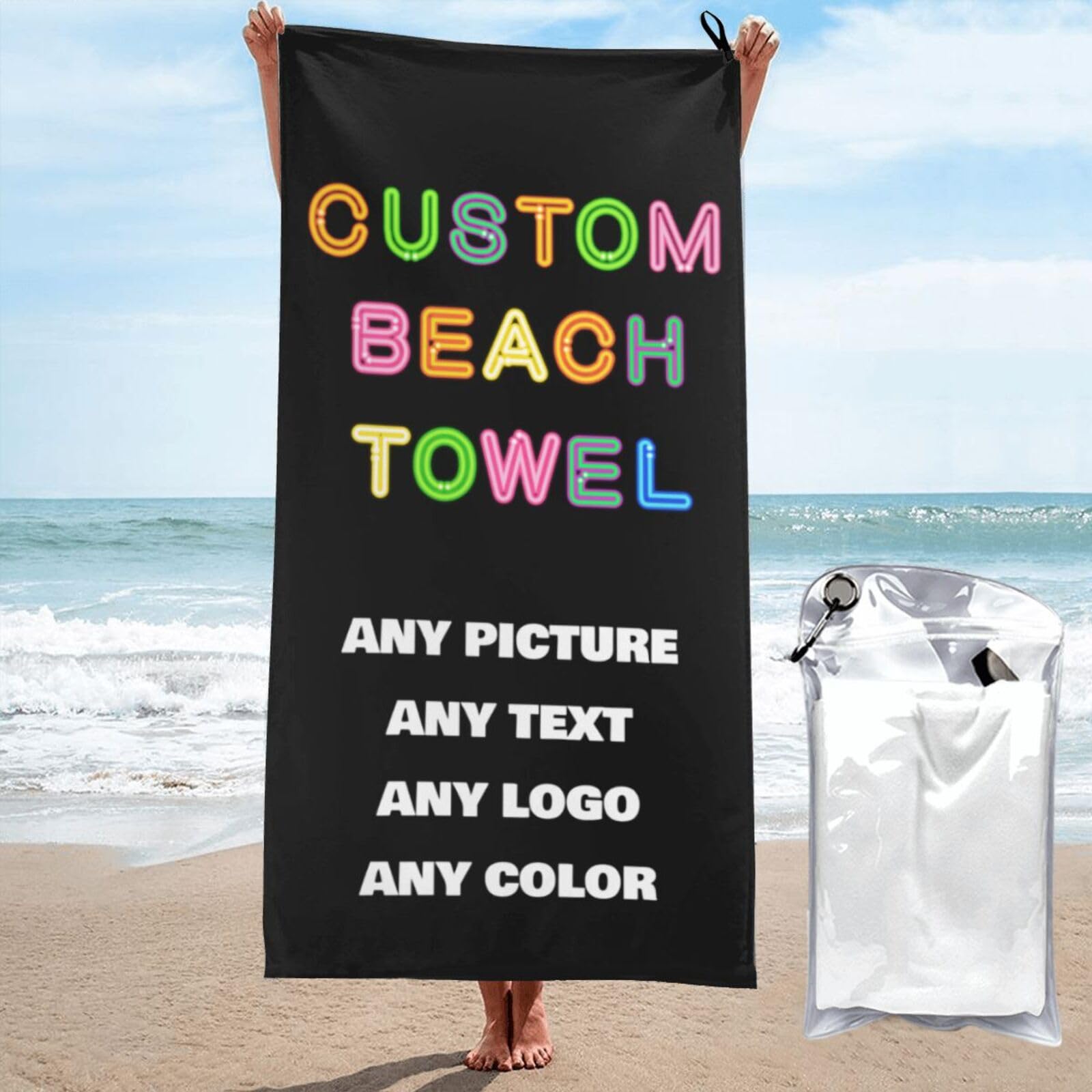 Custom Personalized Beach Towel - Upload Your Photo & Text Microfiber Towel Multiple Sizes