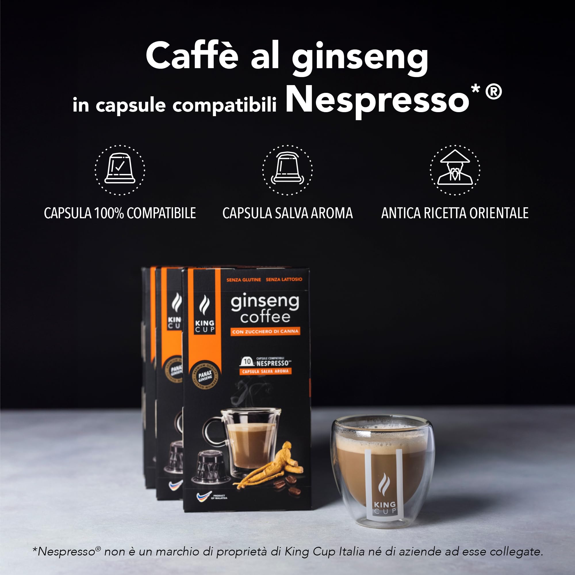 King Cup - 10 Paquetes de 10 Cápsulas de Ginseng con Azúcar de Caña, 100 Cápsulas 100% Compatible con el Sistema Nespresso de Bebida con Sabor de Ginseng, Sin Gluten y Sin Lactosa