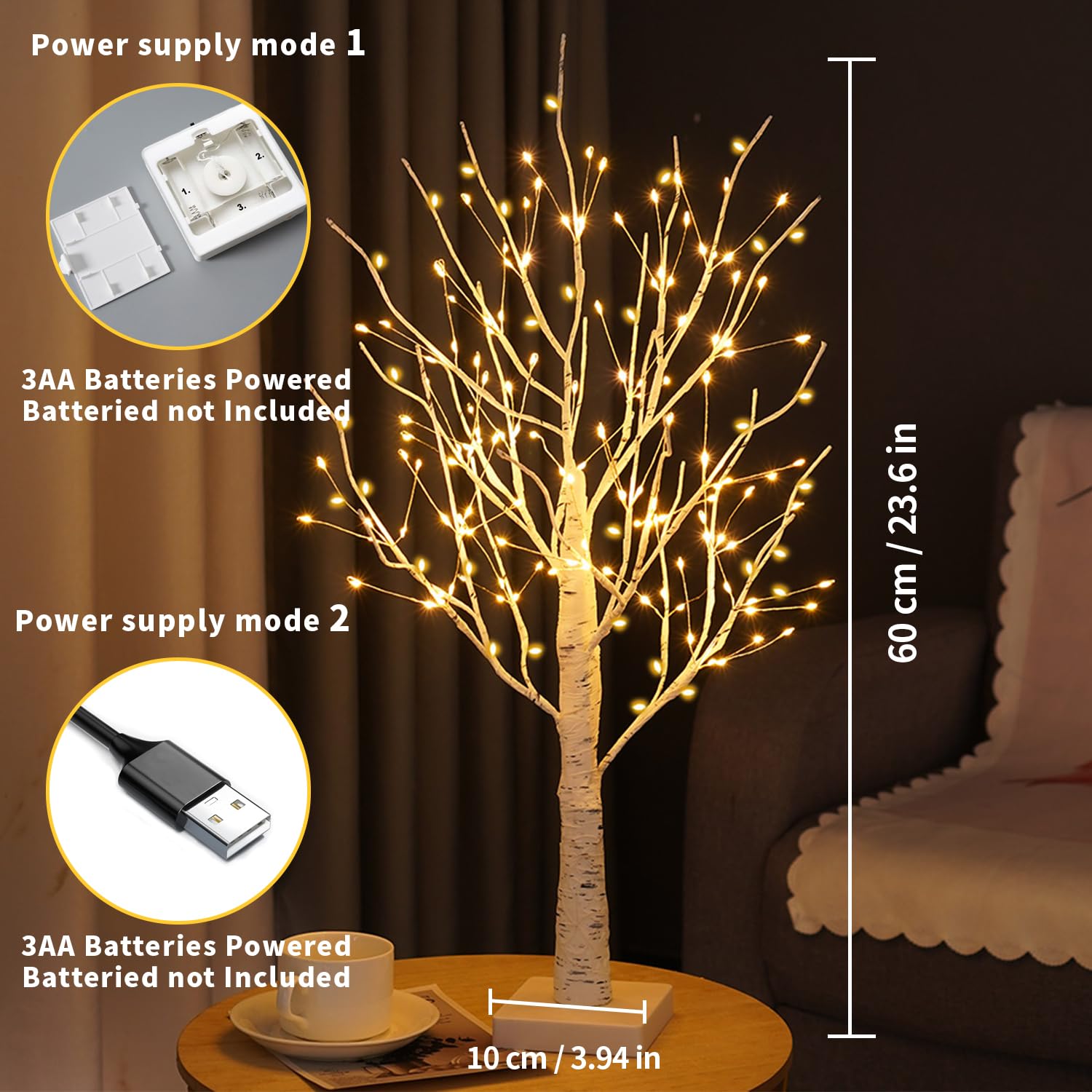 Árbol de Abedul para Interior con 144 Leds Blanco Cálido, USB Arbol Luces Ajustable Luces Ramita Funciona con Pilas Arbol de Navidad con Luces para Navidad Pascua Fiesta Decoración Interior(Abedul)