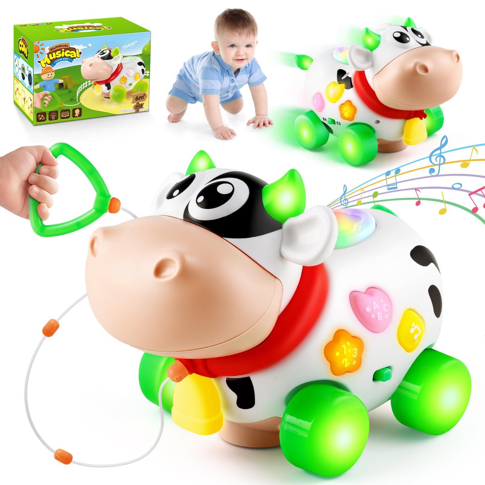 IJIGU 7 in 1 Multi-Functional Bilingual Musical Cow Toys, Baby Toys for 6–12 Months, Early Learning Educational Toys – Christmas & Birthday Gifts for 12–18 Months, 1–2 Year Old Boys and Girls.