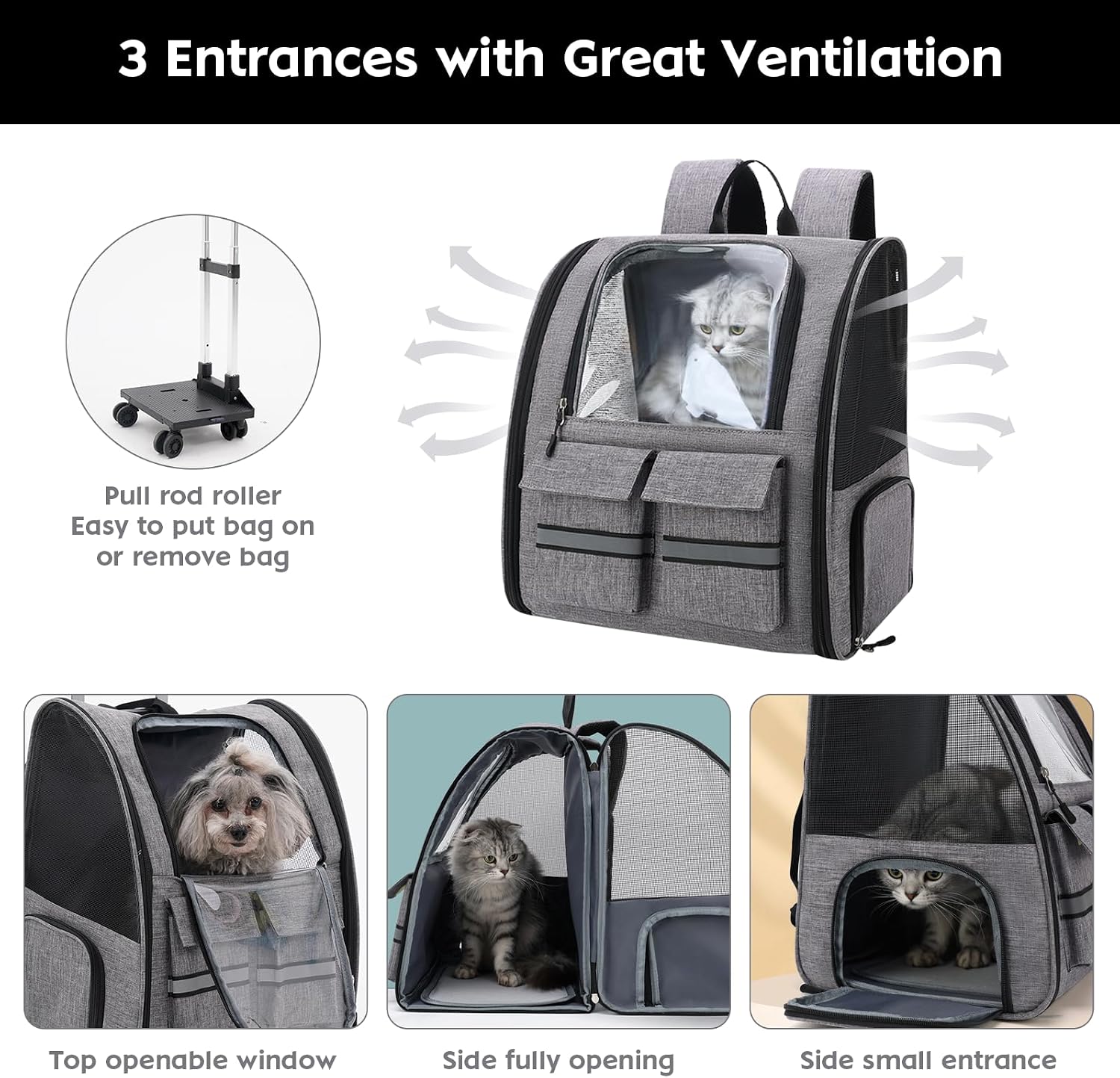 Pet Travel Carrier with Wheels, Pet Carrier Backpack Collapsible & Detachable Trolley Bag, Multi-Function Pet Backpack with 4 Wheels, Breathable Pet Travel Carrier for Cats & Puppies