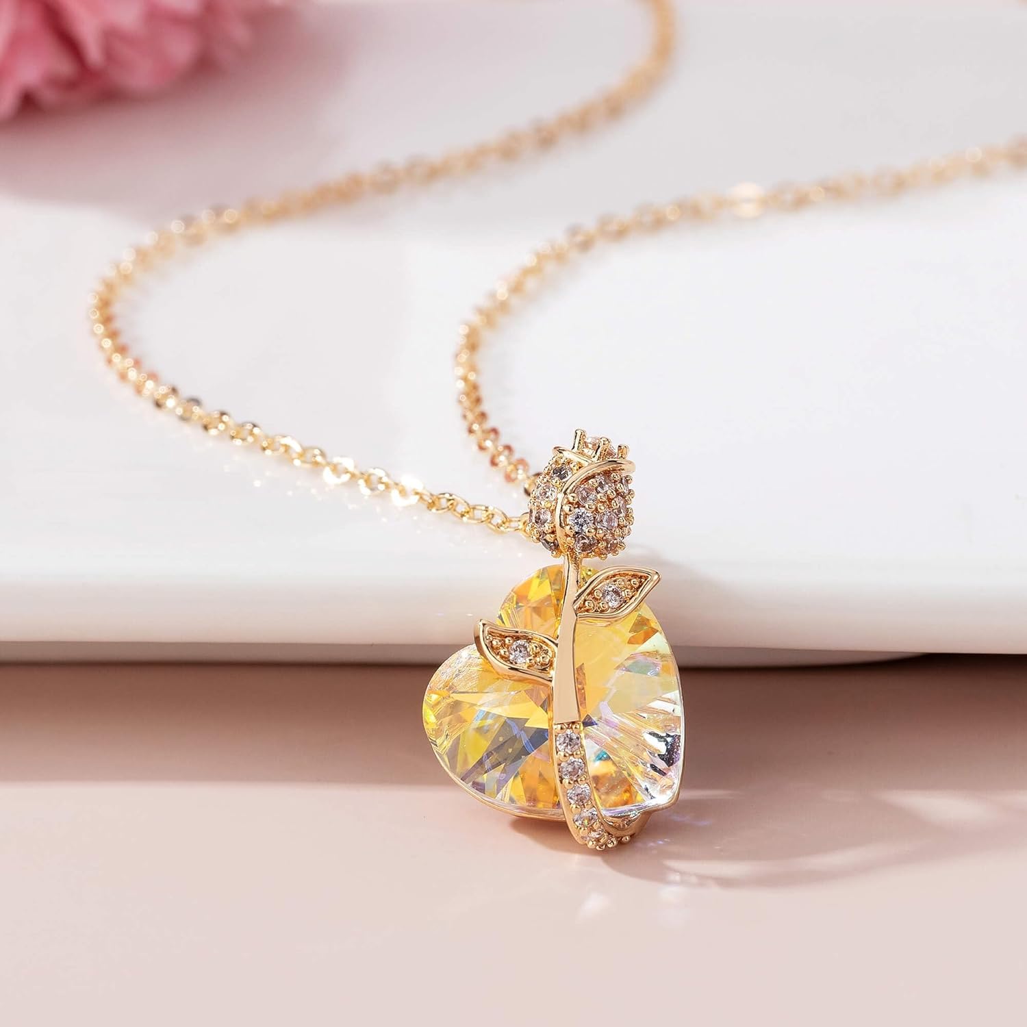 Austrian Crystal Heart Rose Flower Pendant Necklaces for Women Fashion 14K Gold Plated Dainty Necklace Hypoallergenic Jewelry - Image 5